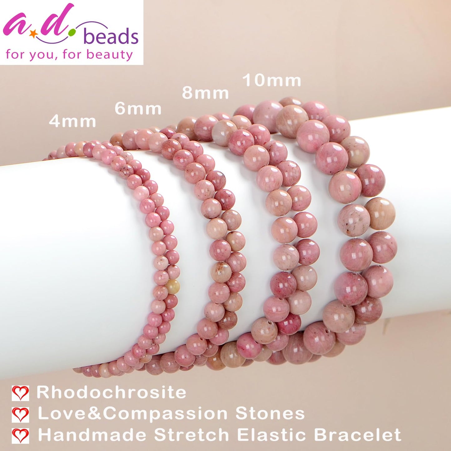 AD Beads Handmade Gemstone Stretch Elastic Bracelet Crystal Healing Reiki Nature's Beauty and Spiritual Essence Unisex (10mm, Rhodochrosite)