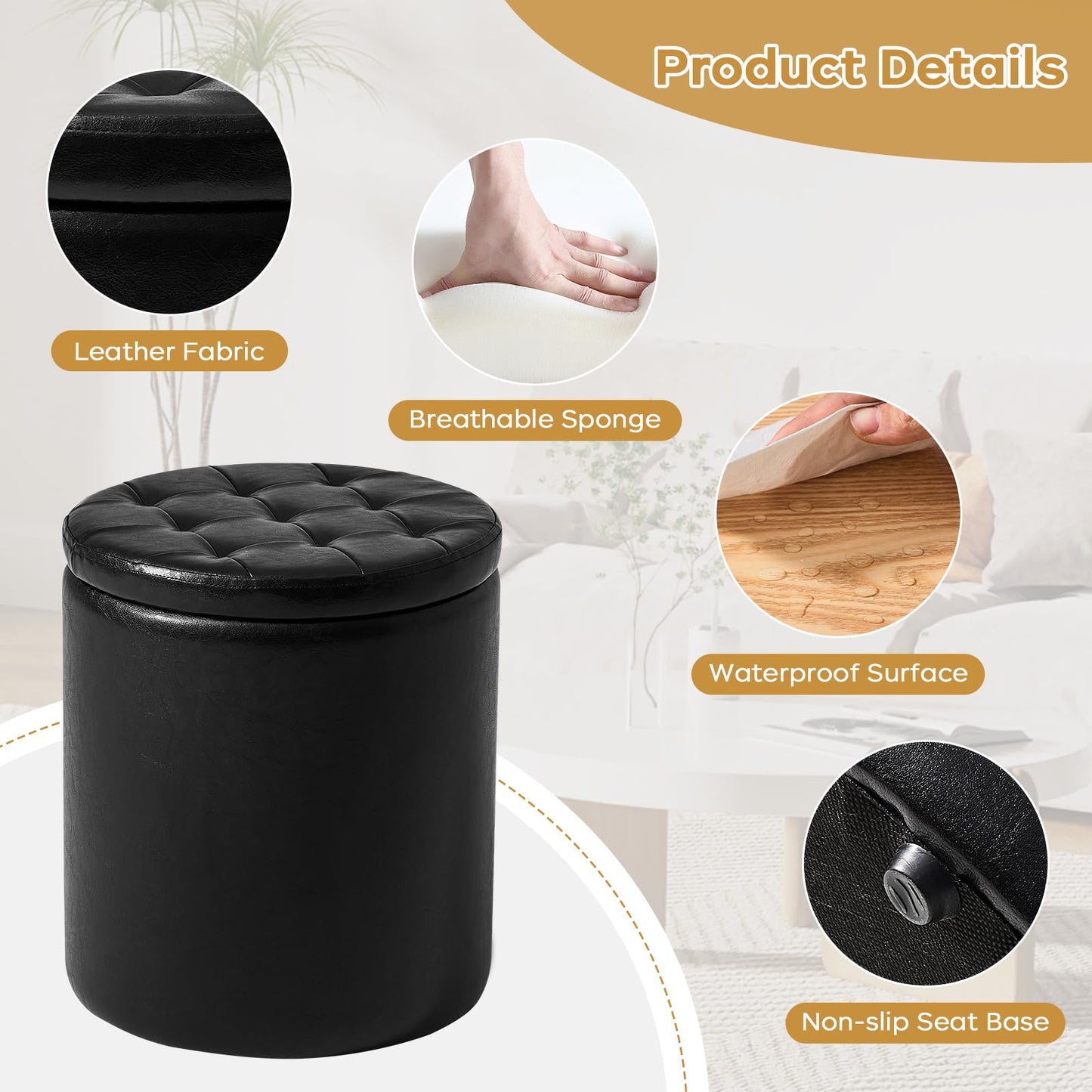 oakvivo Round Ottoman with Storage Set of 2, 12.6" W x 14.17" H & 14.76" W x 17.32" H Faux Footstool Storage Ottomans for Bedroom, Living Room Padded Coffee Table Ottomen, Black