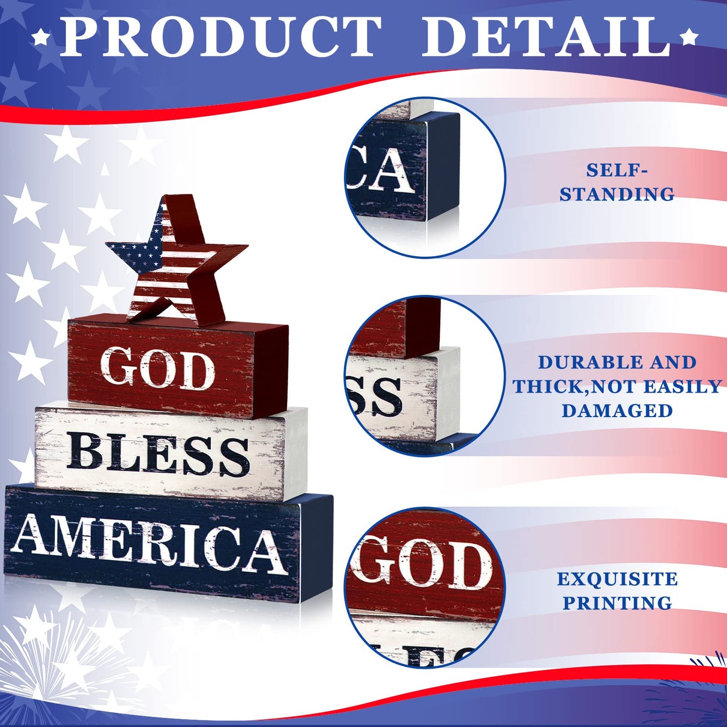 Huquary 4 Pcs 4th of July Decorations Patriotic Memorial Day Table Sign Independence Day Table Wood Decorations Red White Blue Block for Office Tiered Tray Home Shelf 250th Anniversary(Flag)