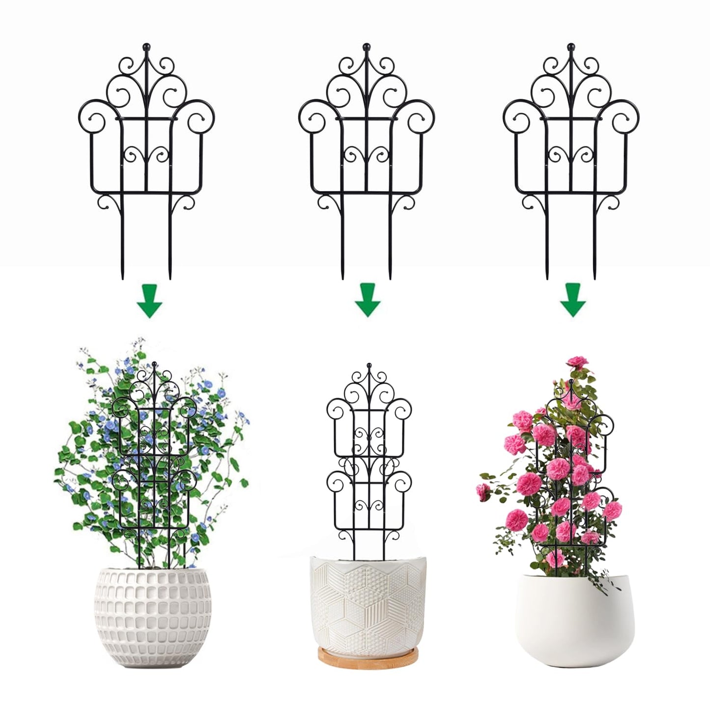 Garden Plant Trellis, Stackable Plastic Trellis Supports for Climbing Plants, Indoor Outdoor Use, 3 Pack, Black (3)