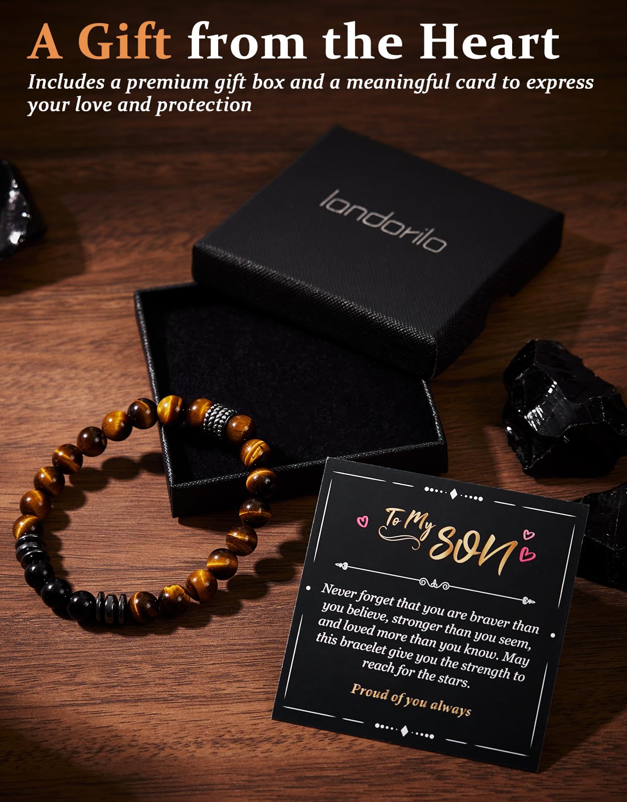Landorilo Gifts for Men, 8mm Natural Stone Beaded Bracelets, Tiger's Eye & Black Tourmaline Healing Bracelet, Handmade Mens Jewelry Gift for Him, Husband, Son, Father, Friend(Happy Birthday-7.5in)