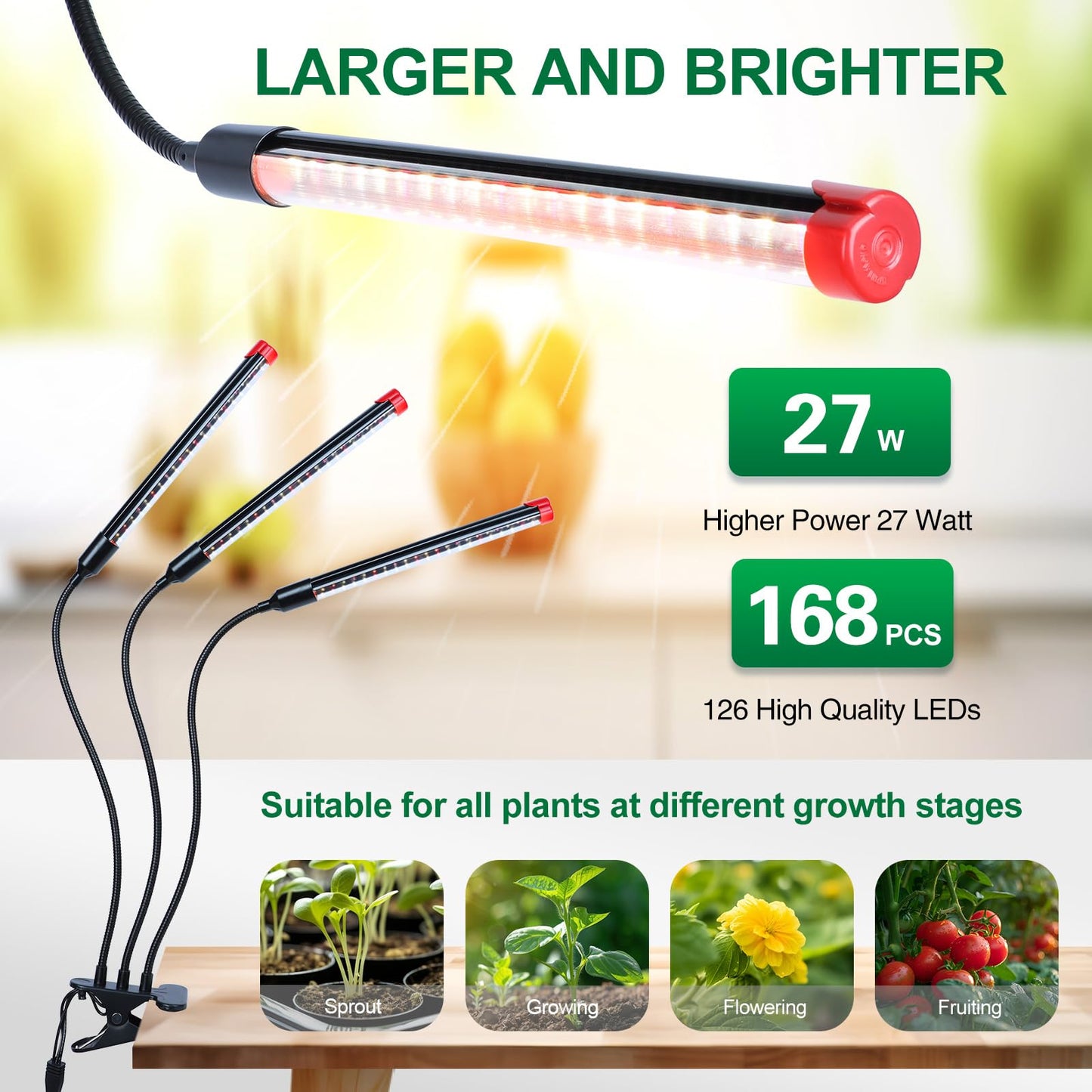 FRGROW Clip Grow Lights for Indoor Plants, Seed Starting, Bonsai, 4/8/12/16/20H Timer, Full Spectrum Plant Growing Lamps, 27 Watt Power Draw, NO Need Adapter, 360° Gooseneck