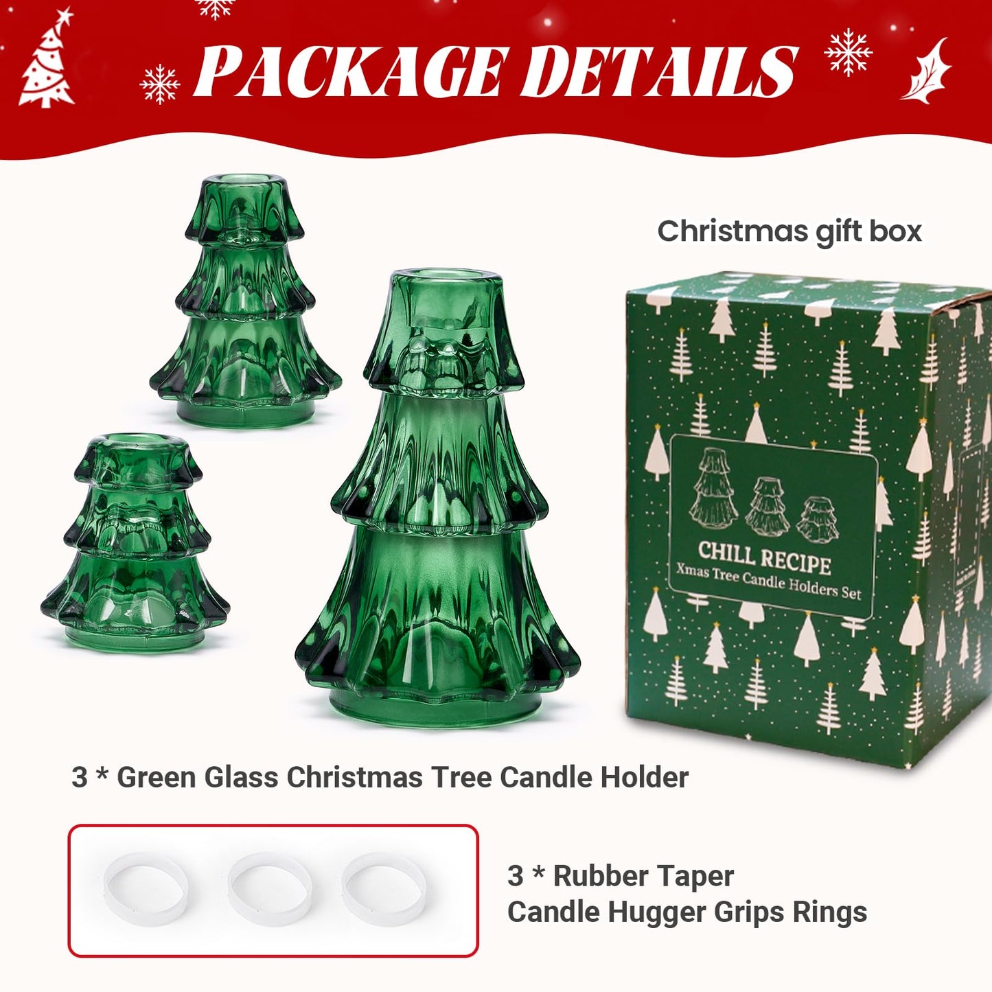 CHILL RECIPE Christmas Tree Candle Holders Xmas Glass Taper Candlestick Holders Thickened with Rubber Candle Grippers for Decoration Table Centerpiece Dinner Party Home Decor(Green 3Pcs &Box)
