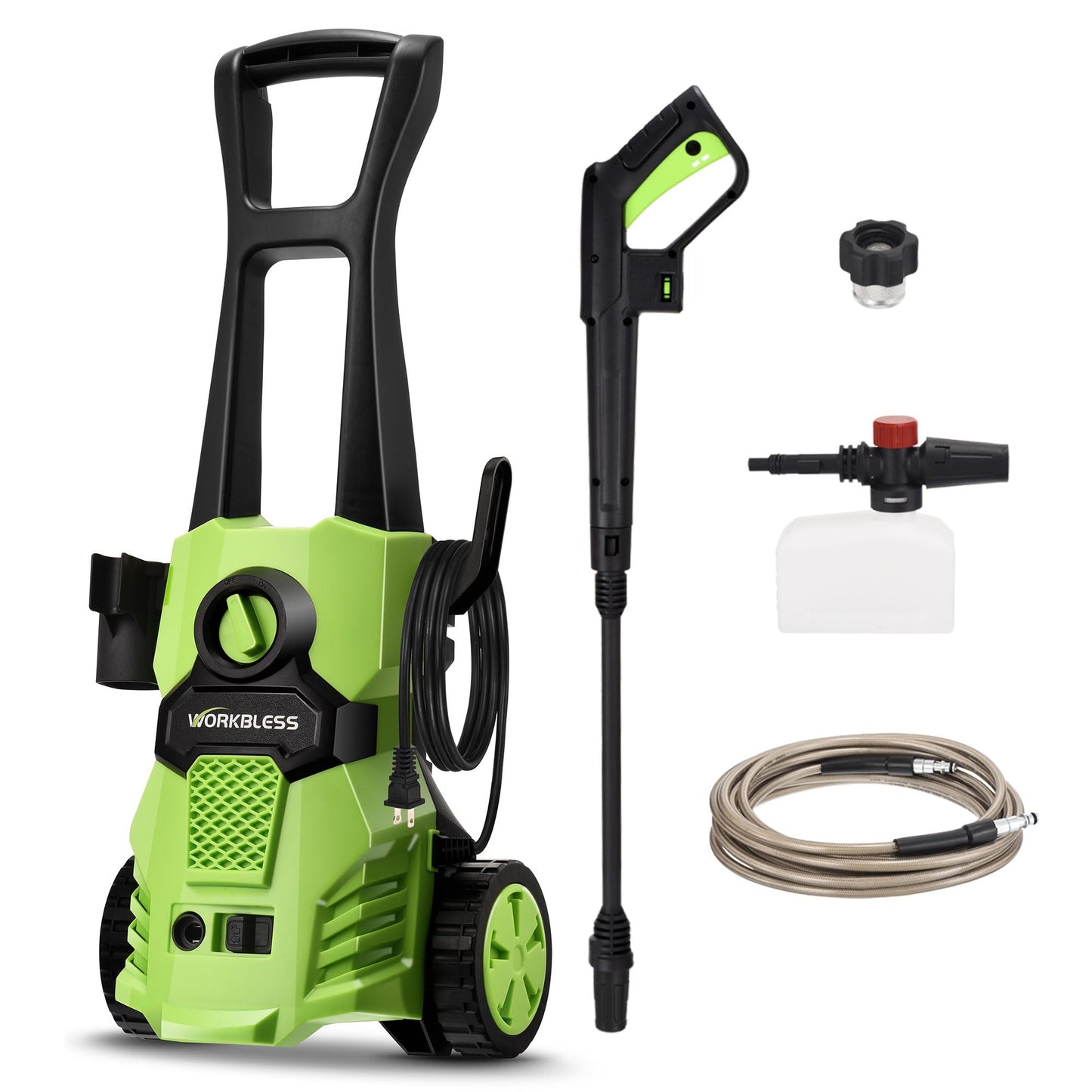 WorkBless Electric Pressure Washer, w/23ft Hose & 18ft Cord, Angle-Adjustable Nozzle, Foam Cannon, Power Washer for Car, Driveway, Patio, Fence, House Cleaning