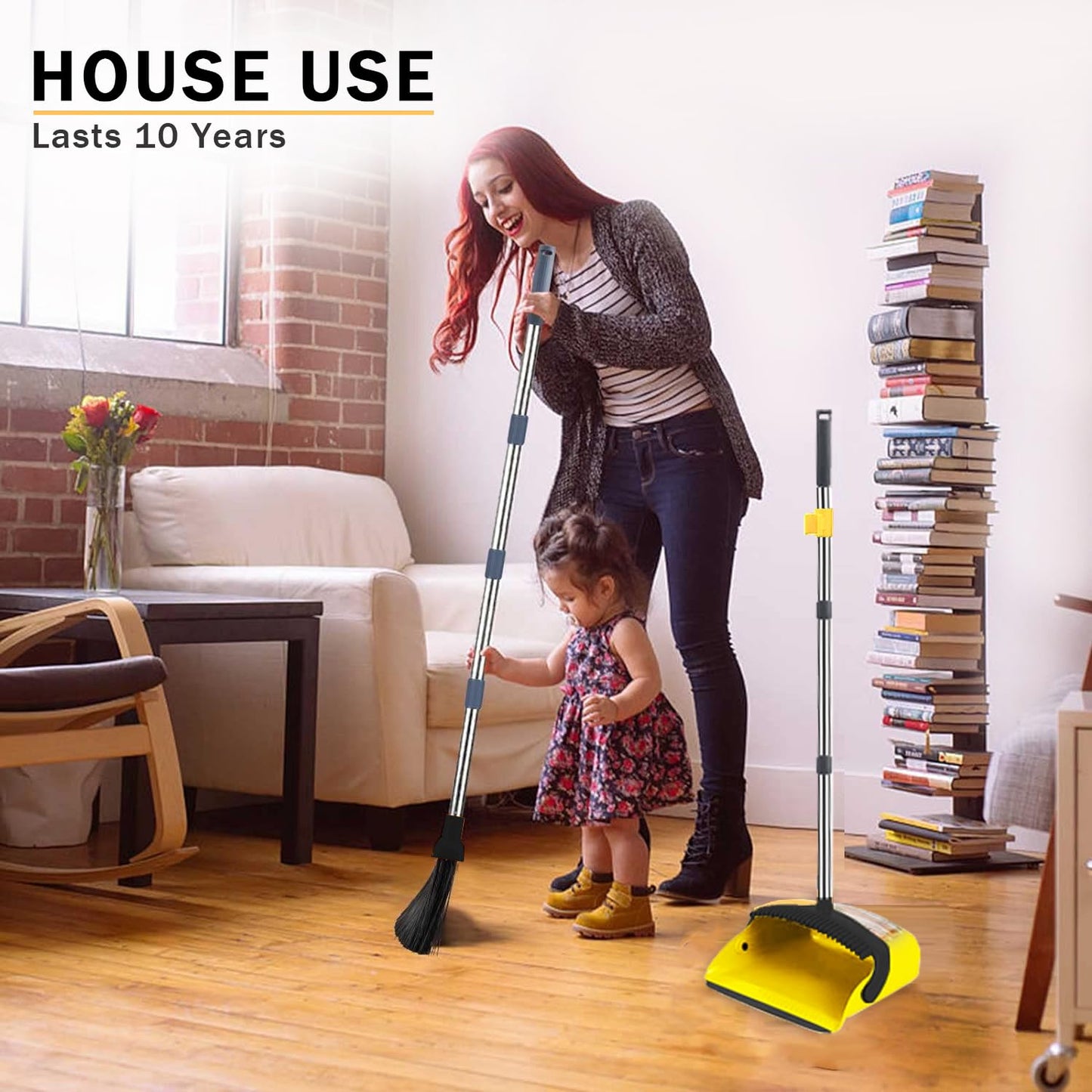 2-Pack is More economical,Brooms with Dustpan Combo Set， with 52" Long Handle, Dustpan Teeth with self-Cleaning Function, Indoor and Outdoor Sweeping, Perfect for Home Office(Large/Yellow /2-Pack)