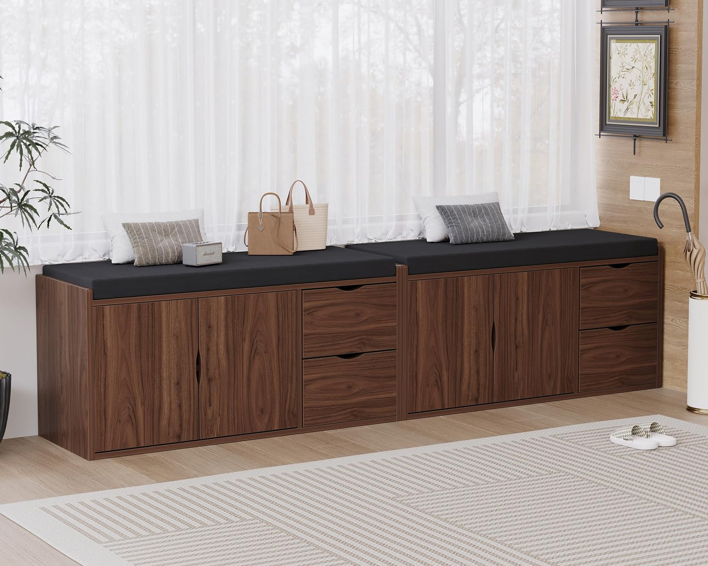LVB 40” Entryway Storage Bench with Padded Seat Cushion, Wood Hidden Shoe Organizer Bench with 2 Drawers Cabinet, Industrial Shoe Bench for Foyer Entrance Living Bedroom, Walnut Oak, 40 inch