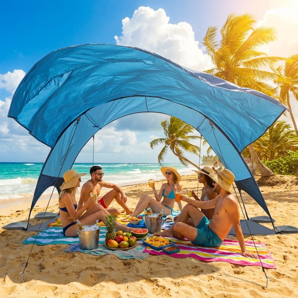 Flycoop 2026 Beach Tent with Floating Shade Sail – Portable & Ventilated Beach Umbrella Canopy with 360° Airflow, Dual Side Pockets & Extra Sun Coverage (3–4 People, 106 * 65 * 62"+75"*98" Sail)