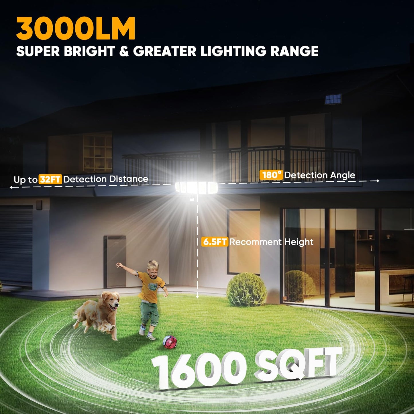 MDCMDCM Solar Motion Lights Outdoor - with 16.4ft Cable, 3000LM LED Security Lights for Outside Dusk to Dawn, 2400mAh IP65 Waterproof Flood Lights with Remote for Court Yard Garage Front Door