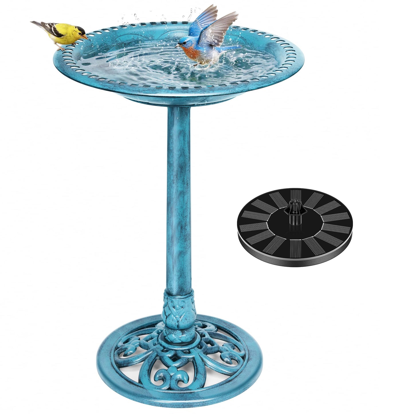 VIVOHOME Bird Bath with Solar Fountain for Outside, Polyresin Pedestal Bird Baths with Solar Powered Pump for Outdoor, Garden, Weather-Resistant Birdbaths with 20" Bowl, Blue