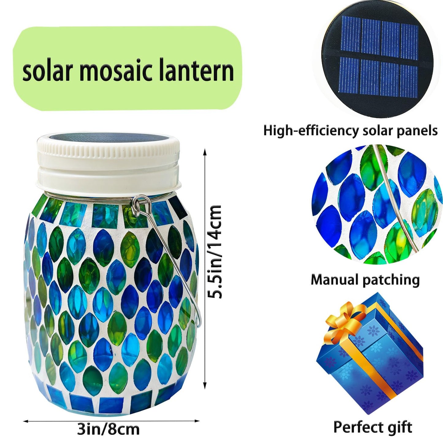 Mosaic Garden Decor Solar Outdoor Hanging Lights,Solar Mosaic Lanterns Christmas Gifts for Women Mom Grandma Halloween and Garden,Patio,Pathway & Yard Décor (Bule)