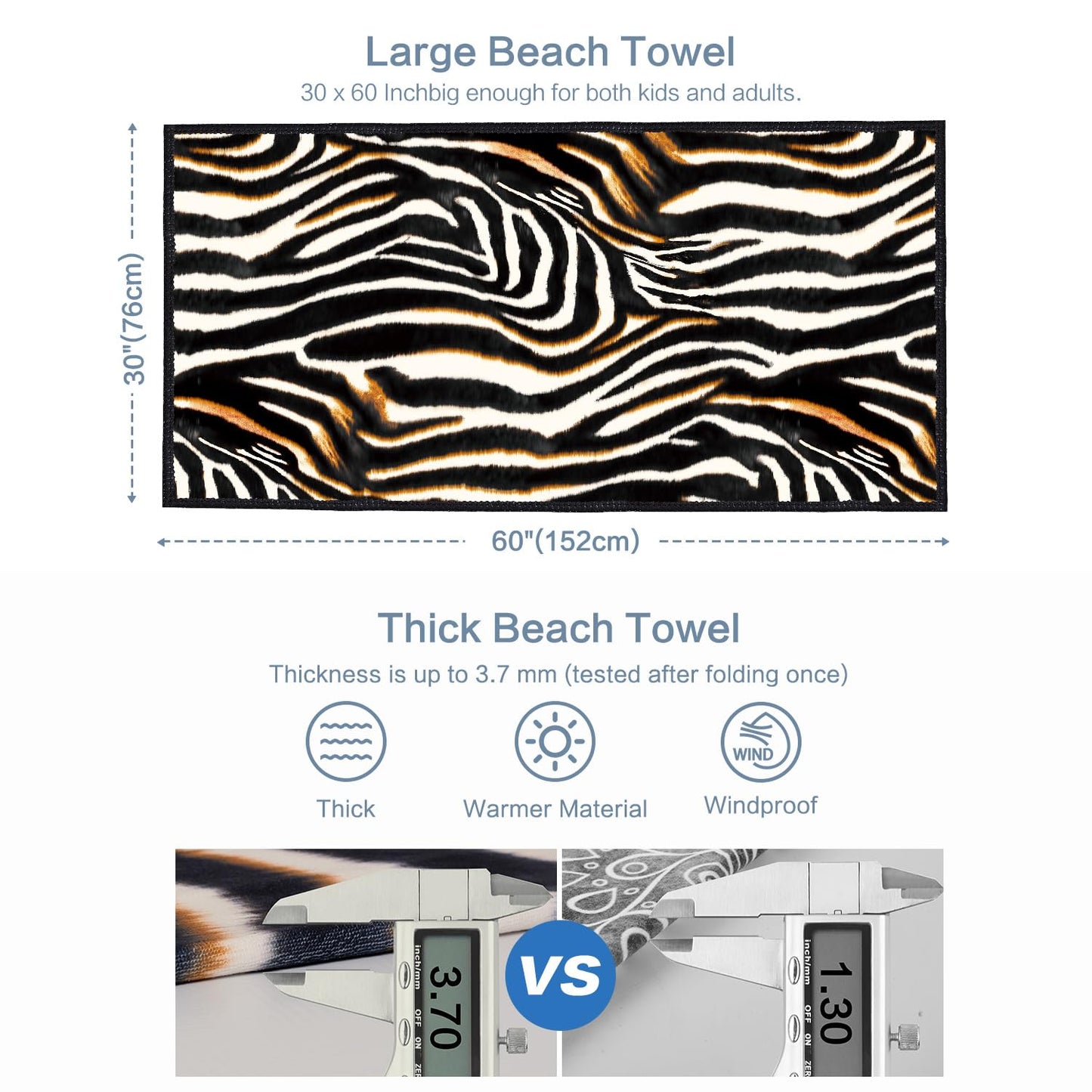 Vimorco Leopard Beach Towel Cheetah, Zebra Beach Towel Animal Print, Cotton Blend Soft Velour Camping Towel for Women Girls Kids, Absorbent Pool/Bath/Swim/Yoga/Spa/Gym/Hiking/Travel Vacation Towel