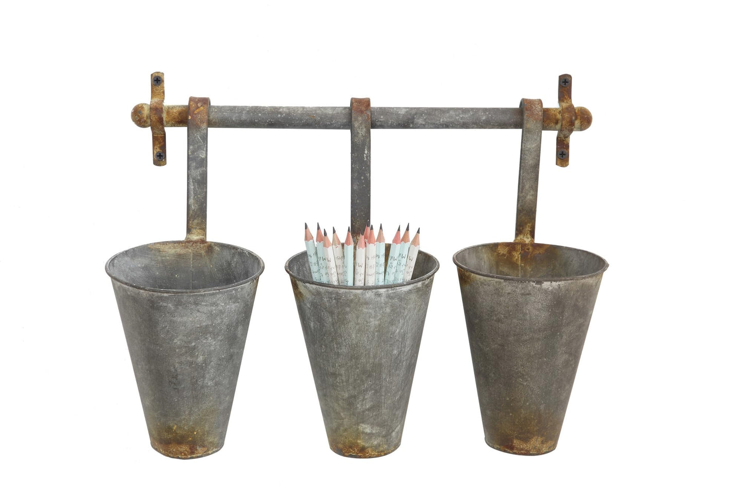 Creative Co-Op Antiqued Metal Wall Rack with 3 Hanging Tin Pots