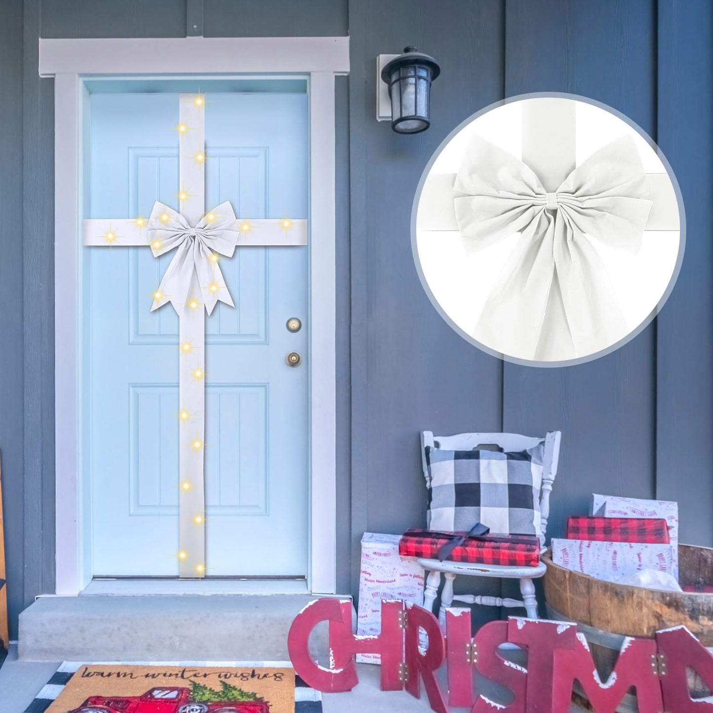 Spiareal Large Christmas Front Door Ribbon Bow with LED 14.1ft Velvet Christmas Cabinet Glowing Bows Decorations Xmas Tree Decor Festival Wrapping Decorations for Fireplace Home Front Door(White)