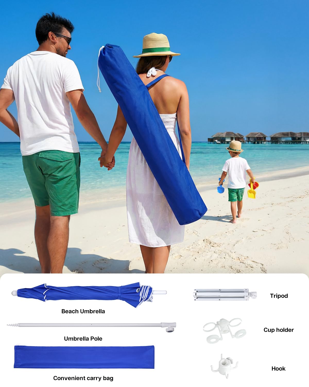 paramondo Portable Beach Umbrella with Cup Holder - 6.5FT Blue and White Striped Sun Umbrella, Adjustable Aluminum Alloy Pole, Windproof & UV Protection for Sand, Patio, and Backyard, Solid Blue