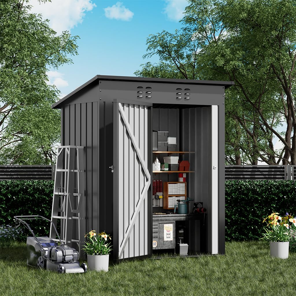 COMHOMA Shed Outdoor Storage Shed Metal,Lockable Doors Tool Sheds with Sloping Roof,Steel Garden Shed with Air Vent for Backyard,Patio,Lawn,Poolside(Grey,5'*3')