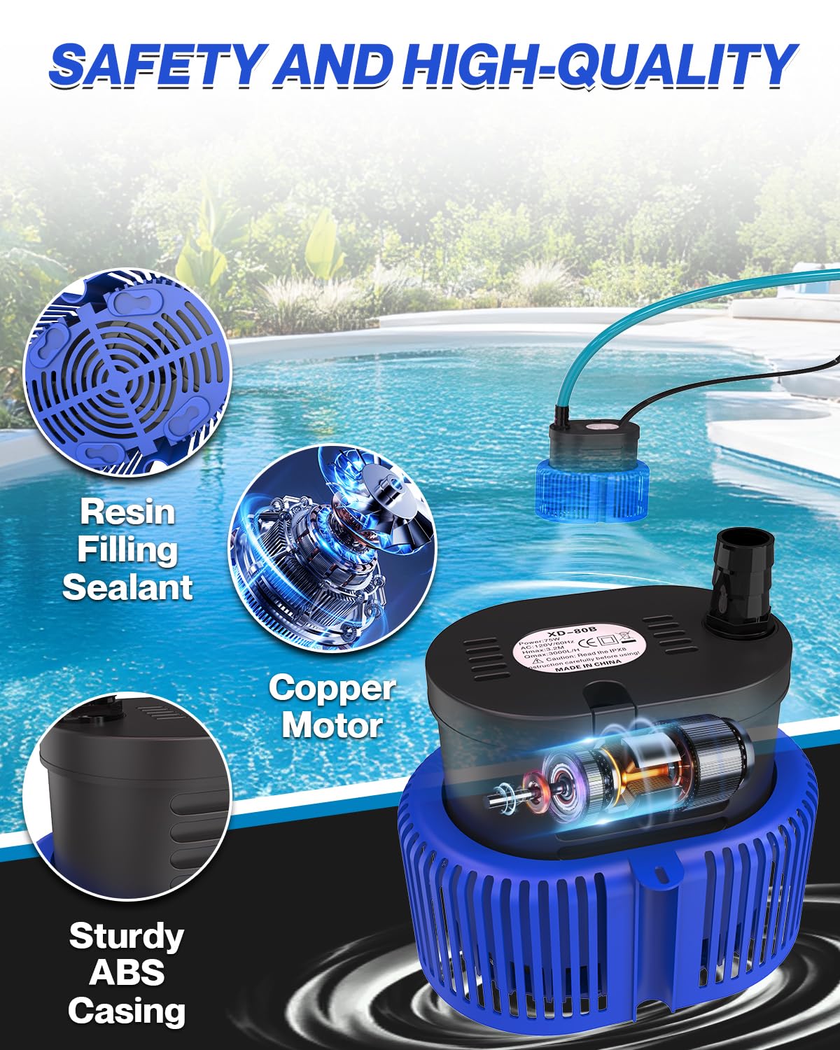 Pool Cover Pump above Ground - Submersible Water Sump Pump Swimming Water Removal Pumps, with Drainage Hose & 25 Feet Extra Long Power Cord, 850 GPH inGround, 3 Adapters