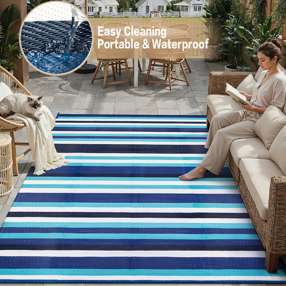 HUGEAR Outdoor Waterproof Rug 9'x12' Plastic Straw Rugs Washable Reversible Floor Mat Blue Stripe Carpet for Camping RV Deck Entryance Porch Picnic Balcony Beach Backyard