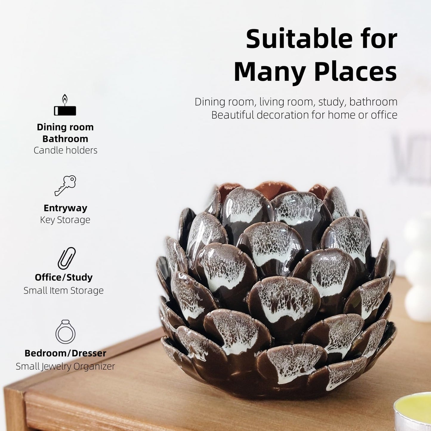 GANBEITEE Ceramic Candle Holder, Tealight Candle Stand, Handmade Pinecone Tea Light Holder for Home Decor Wedding Party (Coffee Colour