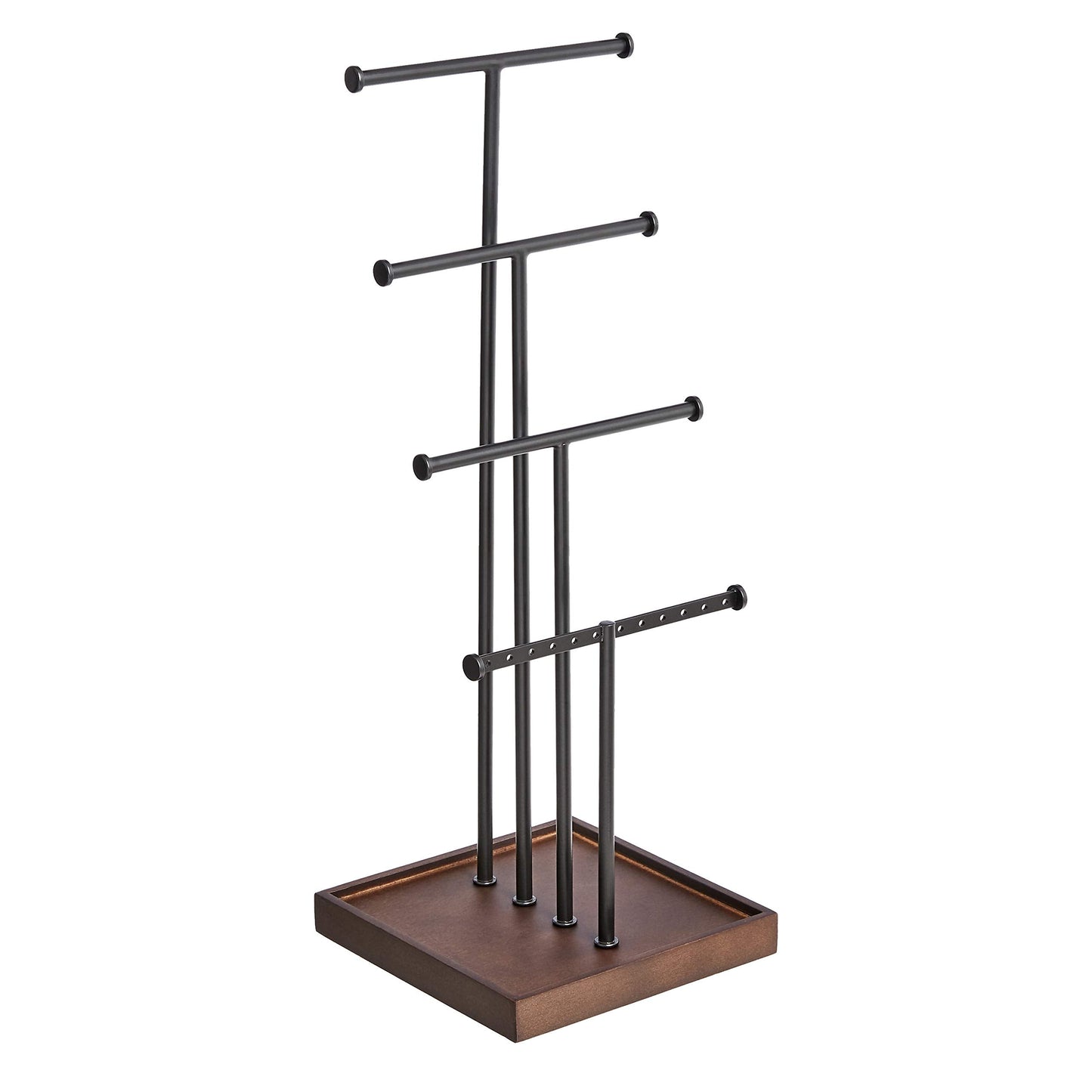 Amazon Basics Four-Tier Jewelry Organizer Tree Stand, Necklace Earring Bracelet Holder with Ring Storage, Walnut/Black