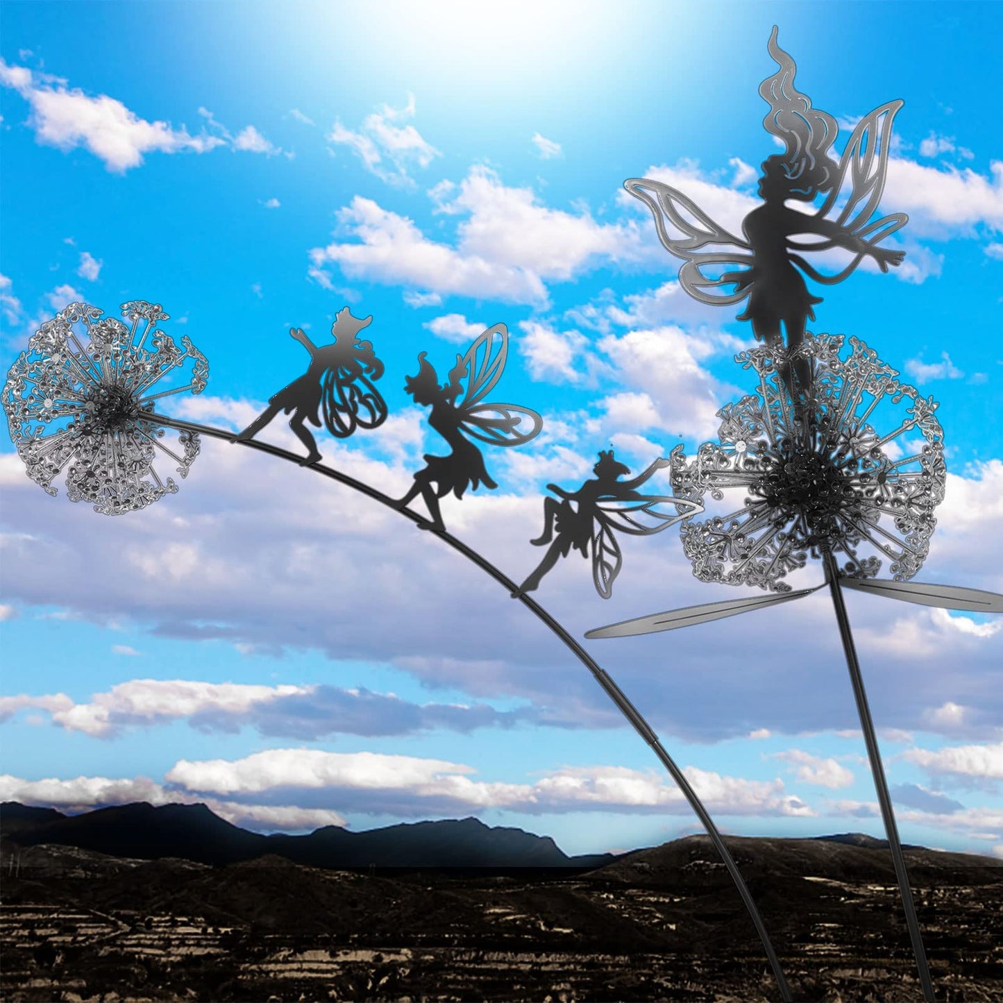 2 Pcs Dancing Fairy Dandelion Garden Sculptures Metal Art Outdoor Ornaments Whimsical Flower Fairy Silhouette Statues for Yard Lawn Patio Landscape Decor Adding Enchanting Magic to Outdoor Space