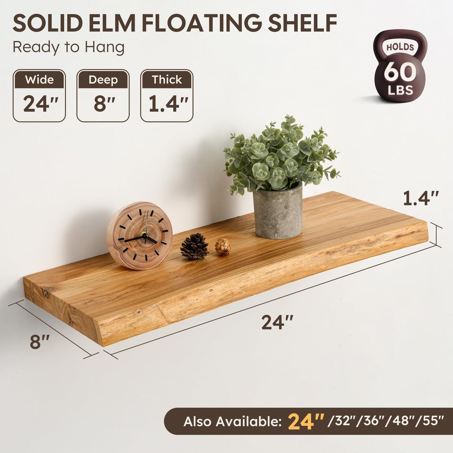 Realgulf Floating Shelves Set of 2, Solid Elm Wood Wall Shelves 24 Inch - Invisible Bracket Mount for Living Room, Bedroom, Kitchen, Bathroom - Natural