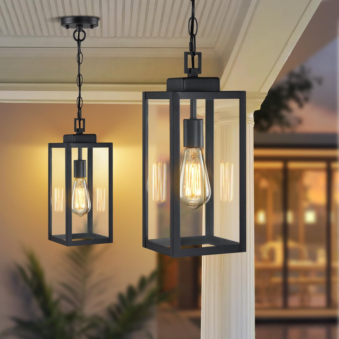 15'' Outdoor Pendant Light, Modern Outside Chandelier Outdoor Hanging Lantern Light, Matte Black with Clear Glass, Exterior Pendant Lighting Fixture Ceiling Mount for Porch, Entryway, Gazebo, 1Pack