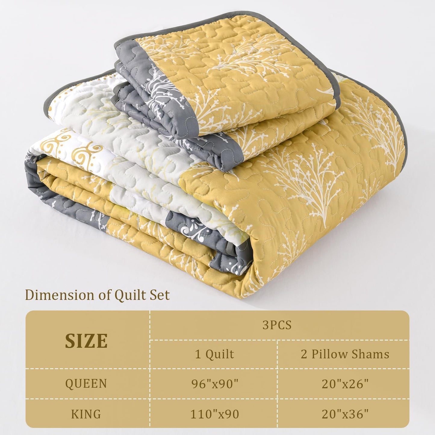DJY Yellow Boho Quilt Set Queen Size, Striped Floral Yellow and Grey Bedspread Coverlet, 3 Pieces Patchwork Stripe Quilt Bedding Set Soft Microfiber Reversible Bedspread for All Season (96"x90")