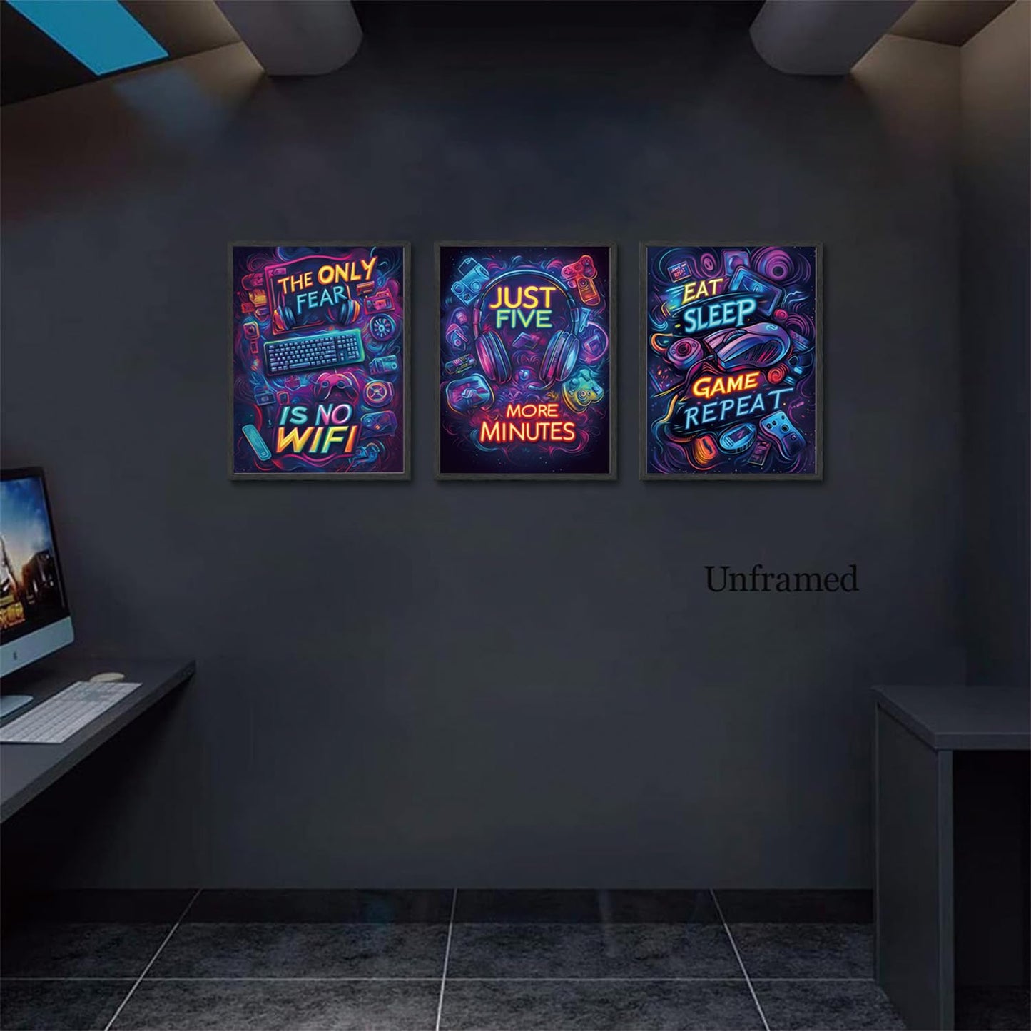 Yolbcdr Neon Gaming Posters Video Game Wall Art Prints Set of 3 Game Room Decor Gaming Sign Painting Playroom Cool Pictures Gamer Wall Decor for Boy Teen Men Bedroom Bathroom 12x16in Unframed