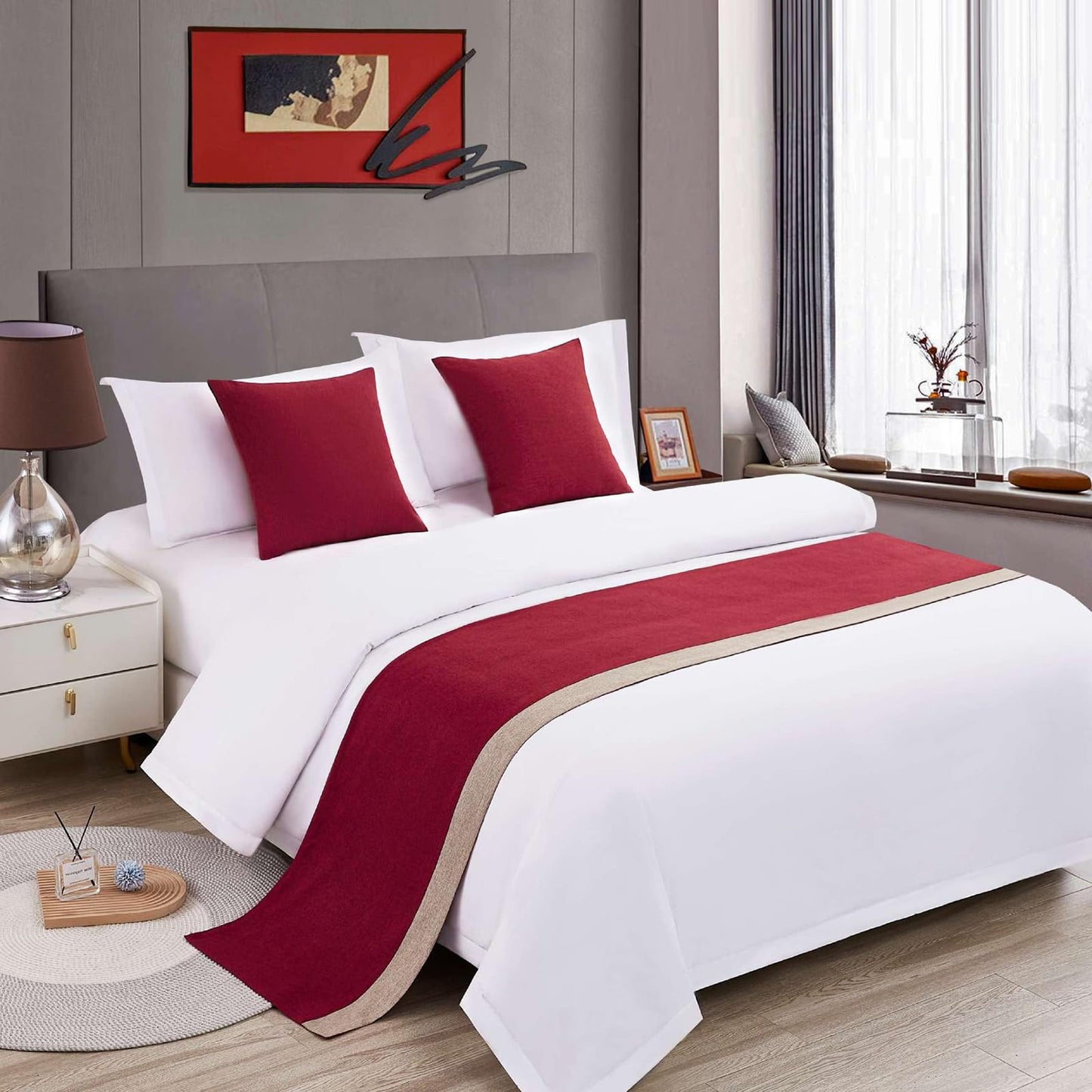 Ctslbreploo Red Bed Runner 82 x 20 Inch Red and Khaki Patchwork Bed Scarf for Queen & Full Bed Stripe Reversible Quilted Bed Runner Decorative for Hotel Bedroom Home - 1 Piece