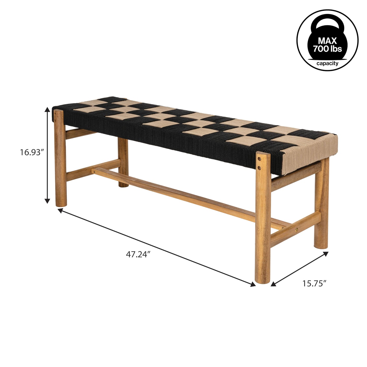 JONATHAN Y BNH202A Denis 48" 2-Seat Backless 700-Lbs Support Acacia Wood Outdoor Bench with Checkerboard Woven Rope Seat for Patio, Garden, Lawn, Backyard, Pool, Deck, Beach, Black/Beige