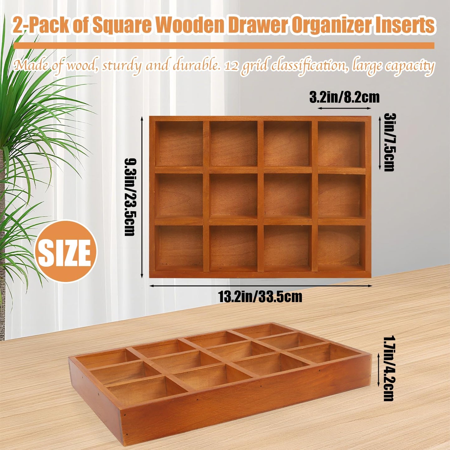 Wuqoioo Wooden Tray, 2 Pack Wood Drawer Organizer Drawer Organizer 12 Grid Sorting Tray, Wood Divided Organizers Wooden Sorting Trays For Arts & Crafts, Stationery, Small Items, Home Office