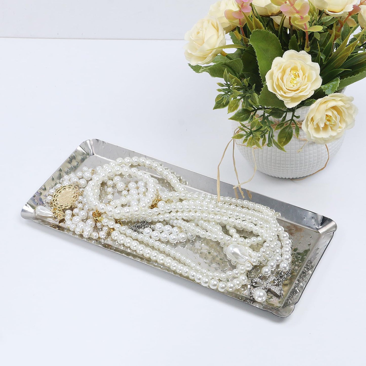 Antrader Hammered Rectangular Tray,Stainless Steel Decorative Tray,Silver Serving Trays,Serving Platter Small Storage Tray(10-Inch by 4-Inch)