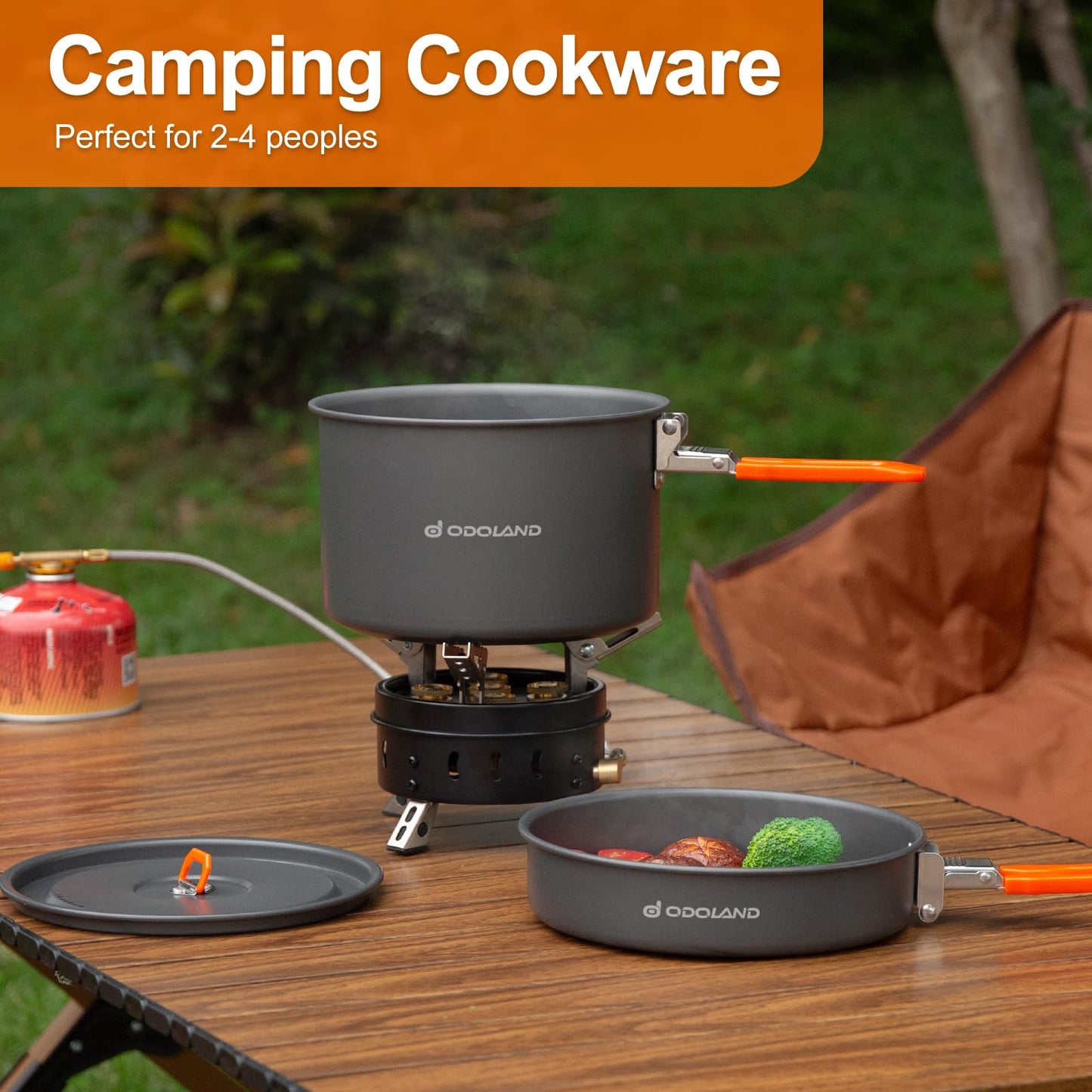 Odoland Camping Cookware Mess Kit - Non-Stick Lightweight Camping Pot and Fry Pan Set with Mesh Bag for Backpacking, Outdoor Cooking and Picnic, for 3-4 People
