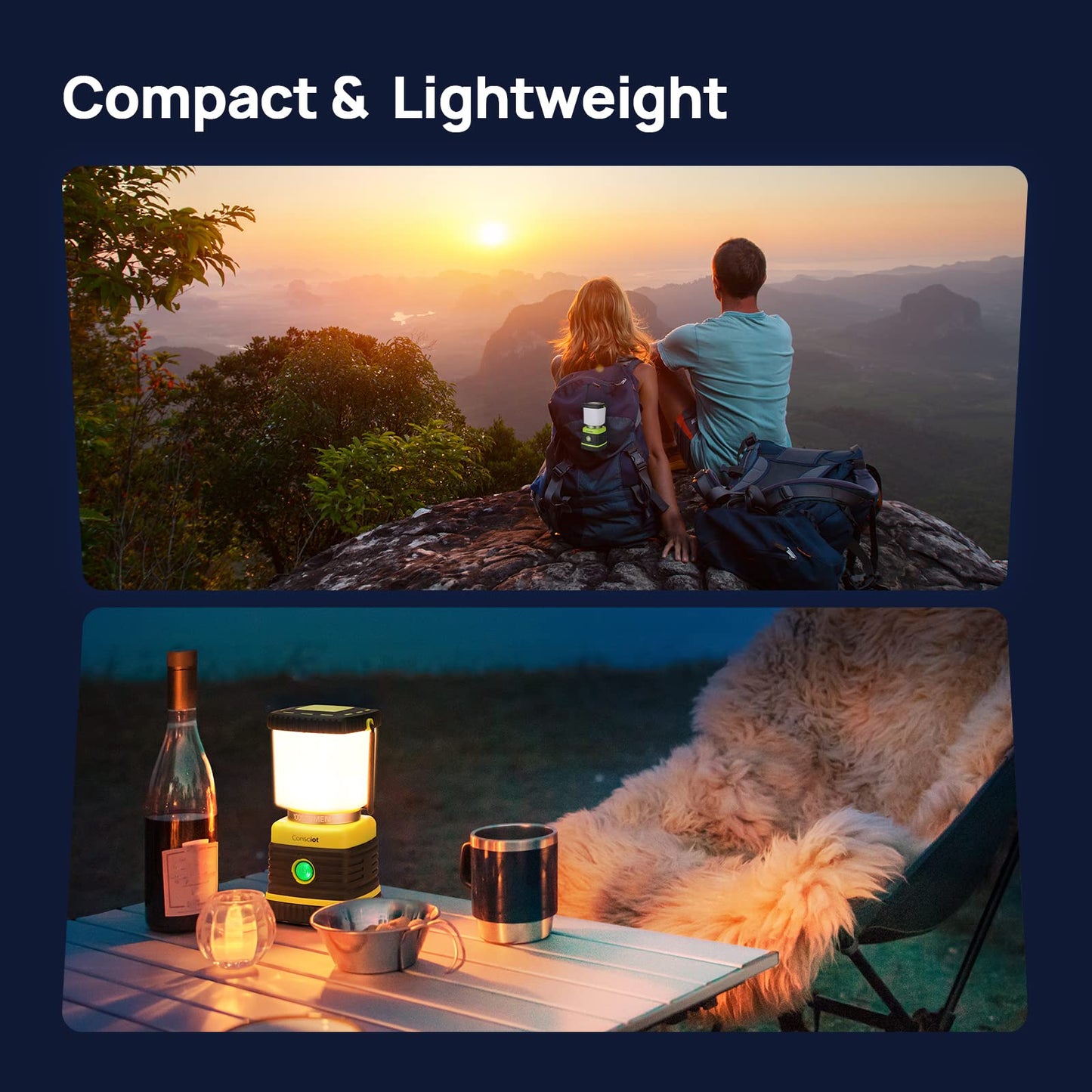 LED Camping Lantern Rechargeable, Consciot Camping Lights, 1000LM, 4 Light Modes, 4400mAh Power Bank, IPX4 Waterproof, Dimmable Tent Lights for Emergency, Power Outages, USB C Cable Included, 2 Pack