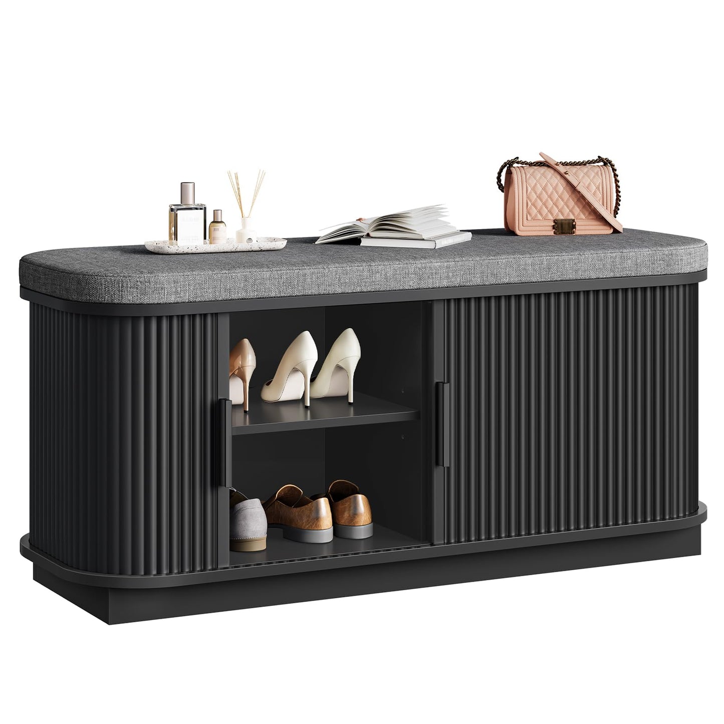 CHOEZON Shoe Storage Bench, Entryway Bench with Storage, Shoe Bench with Cushion and Sliding Door, Fluted Storage Bench, Entry Bench for Entryway, Hallway, Living Room, Bedroom, Black and Gray MHX02BB