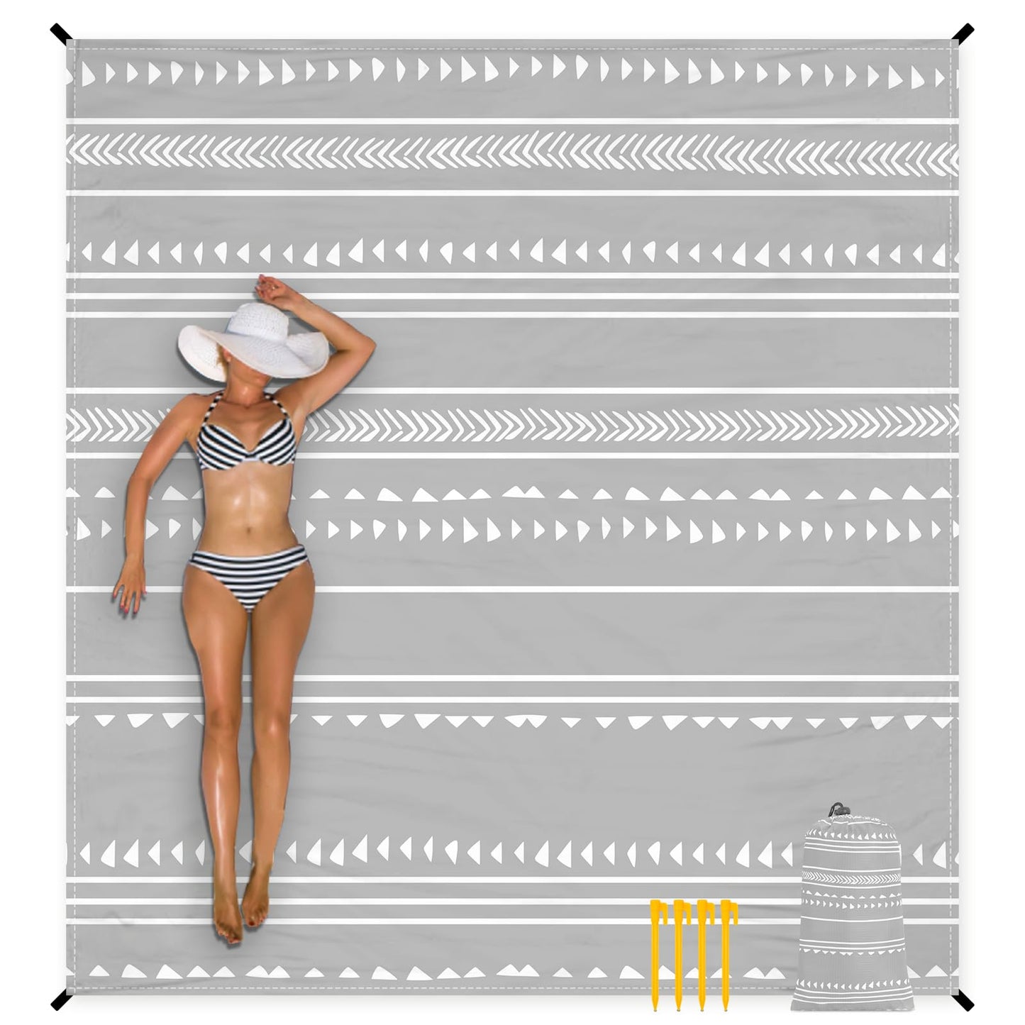 Extra Large 110''×118'' Beach Blanket for 8 Adults, Outdoor Beach Mat Sand Free Waterproof with 4 Stakes & 4 Corner Pockets, Polyester Lightweight Foldable Grey Picnic Mat for Travel, Camping, Hiking