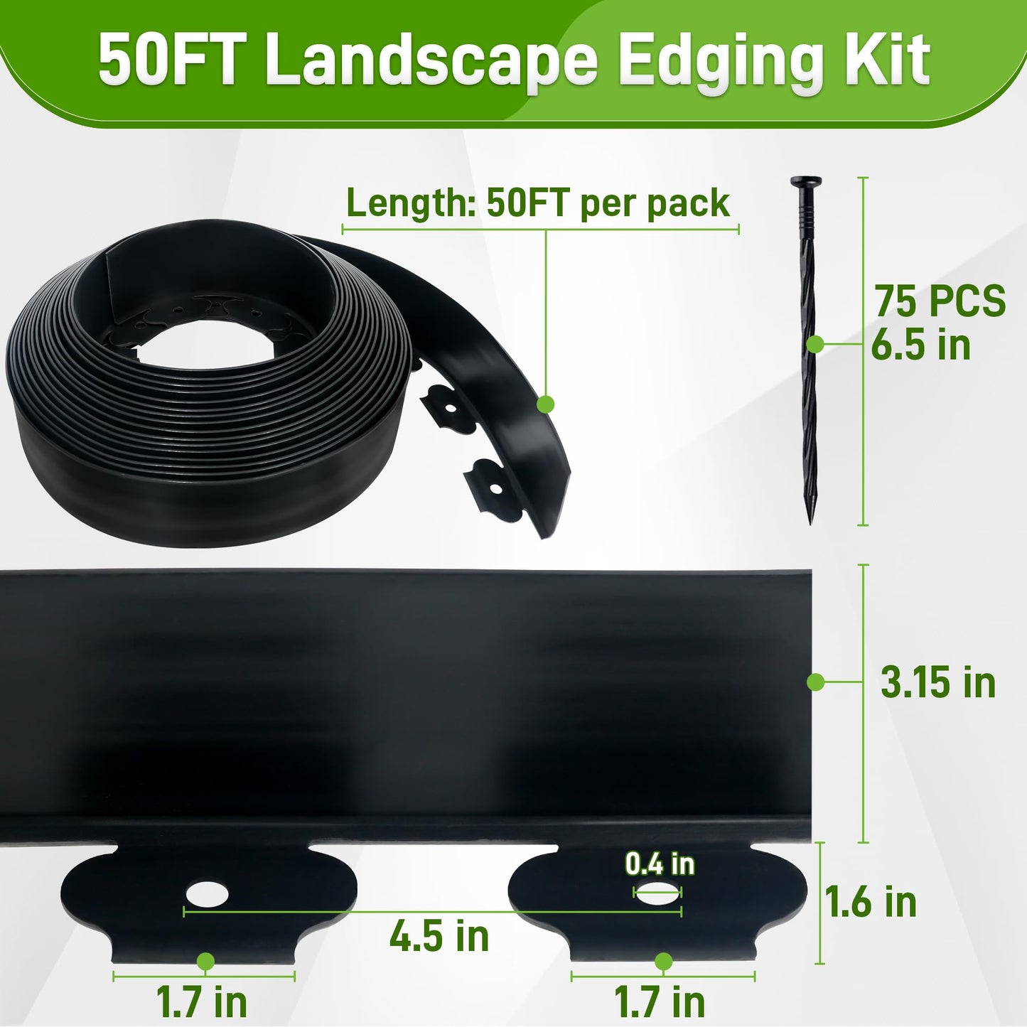 Quibbay 3.15" x 50' No Dig Landscape Edging, Plastic Garden Edging Borders with 75 Anchoring Spikes, Flexible Lawn Edging for Landscaping Garden Flower Beds Grass Yard Paver Pathway, Black