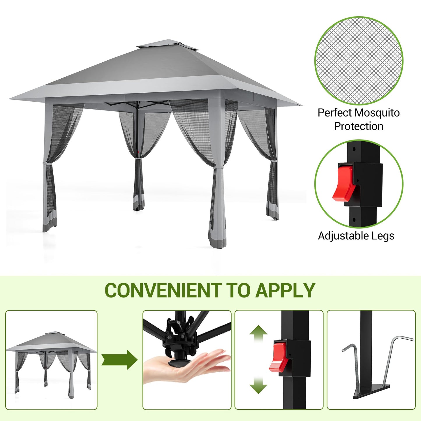 13x13 ft Pop Up Canopy Tent, One-Push Setup Gazebo with Mosquito Netting, 4 Sandbags, Height Adjustable, Waterproof UV Protection for Backyard Parties, BBQs, Camping