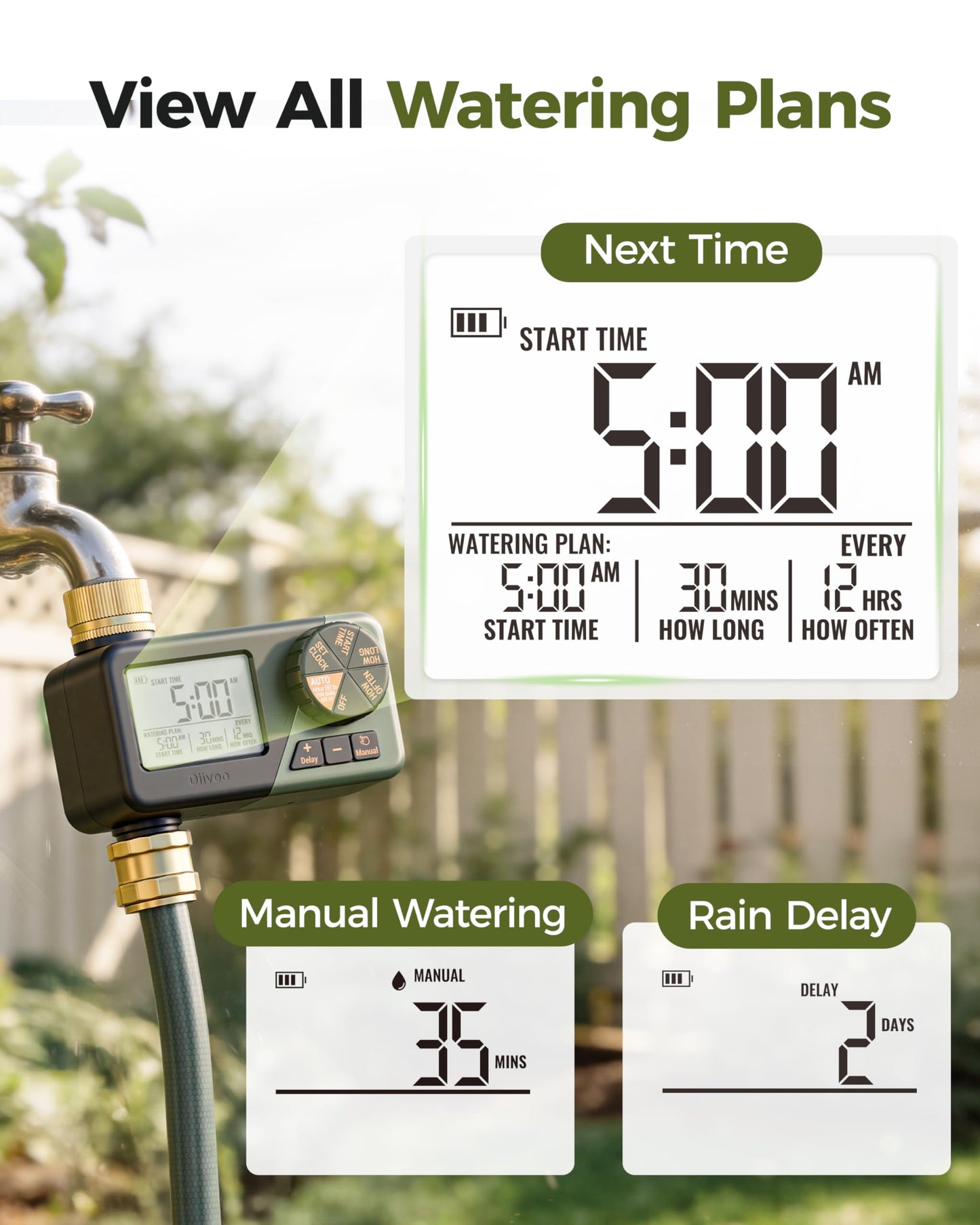 Diivoo Brass Sprinkler Timer, IP66 Waterproof Programmable Hose Timers for Watering with Large Display, Rain Delay & Manual Mode for Outdoor Automatic Irrigation of Garden, Lawn, Yard