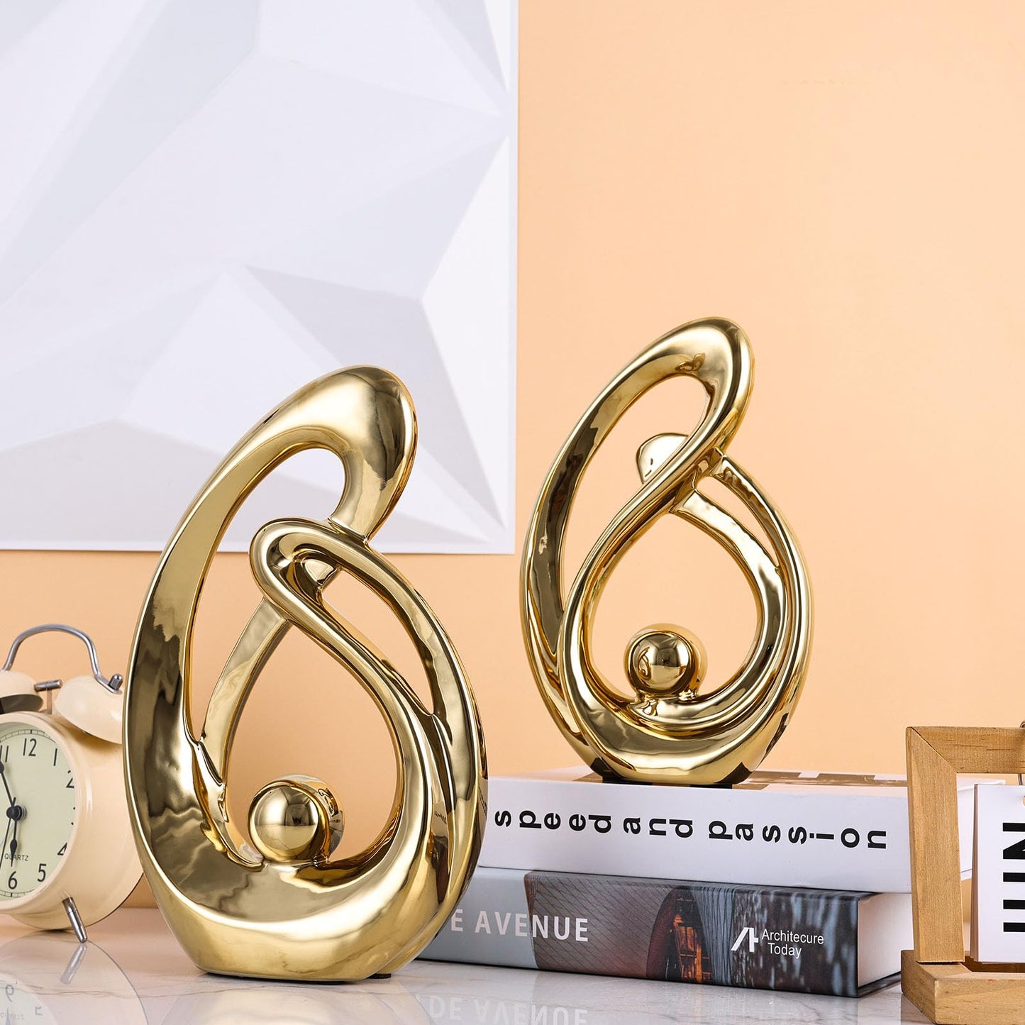 XMGZQ Home Decor Accent,Porcelain Art Mid Century Bookshelf Decorations,Gold Centerpieces for Tables,Abstract Ceramic Statue Sculpture for Coffee Table Mantel Tv Stand Centerpieces (Gold, Large)