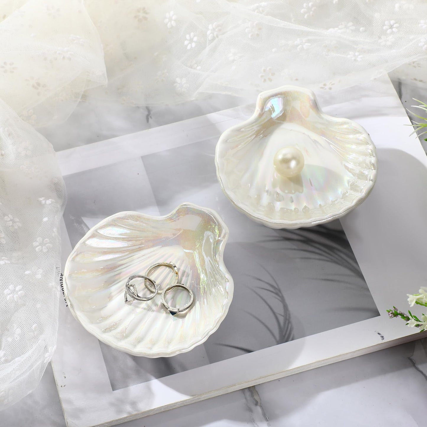 Teenyyou 8 Pcs Shell Ring Dish Ceramic Jewelry Trinket Dish Tray Seashell Ring Key Holder Bowl Beach Room Coastal Plate Decor for Home Bathroom Counter(White)