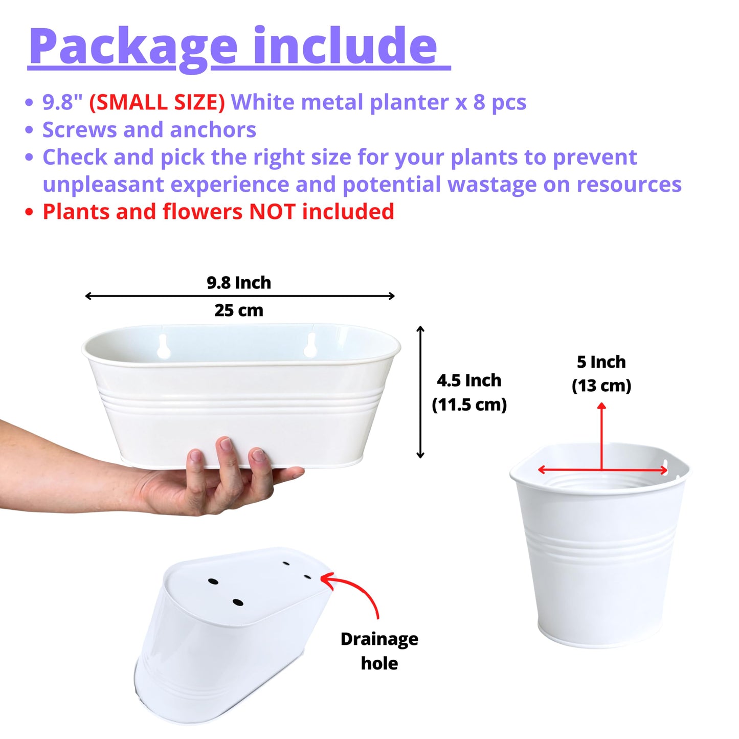 LaLaGreen Wall Planter (9.8 Inch, 8 Pack) White Oval Metal Wall Planters for Indoor Plants Hanging Decor Plant Holder Home Pots Mounted Garden Flower Balcony Decoration Porch Drainage Pot Baskets