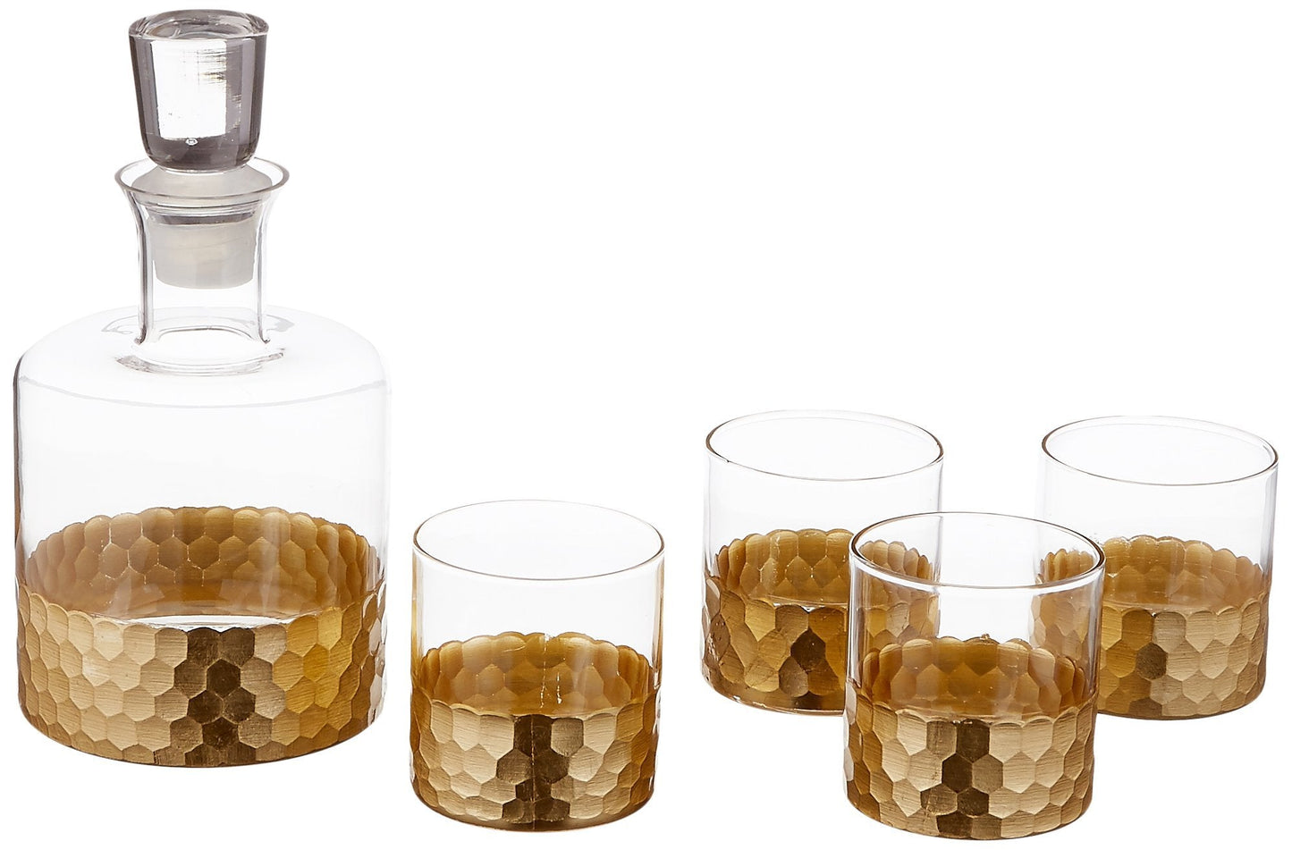 Fitz and Floyd Daphne Decorative Whiskey Decanter Set with Top Glass for Wine, Bourbon, Brandy, Liquor, 5 Piece, Gold