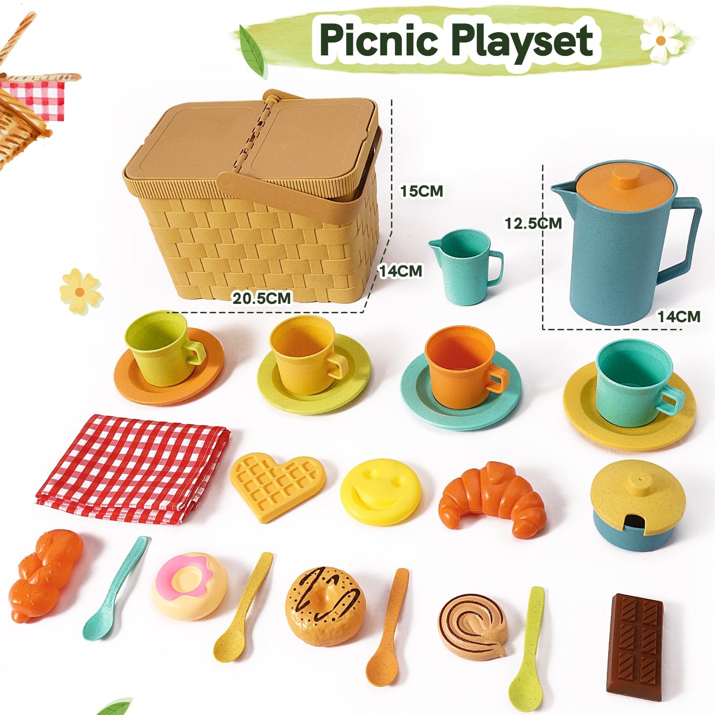 HERSITY Picnic Basket Toys for Toddlers, Kids Play Tea Sets with Teapot Tea Cup Dessert Food and Mat, Pretend Play Kitchen Accessories Tea Party Set Little Girl Boy 3 4 5 Years Old