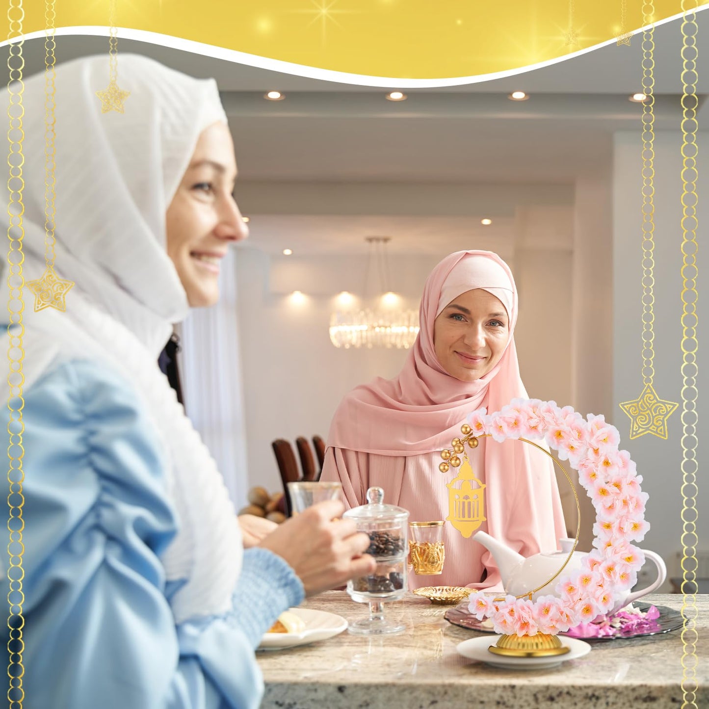 Yookeer Ramadan Decorations Eid Mubarak Table Decor Lighted Moon Shaped Wreaths with Castle for Fireplace Office Bedroom Party Supplies Muslim Party Tabletop Decor Home(Camellia)