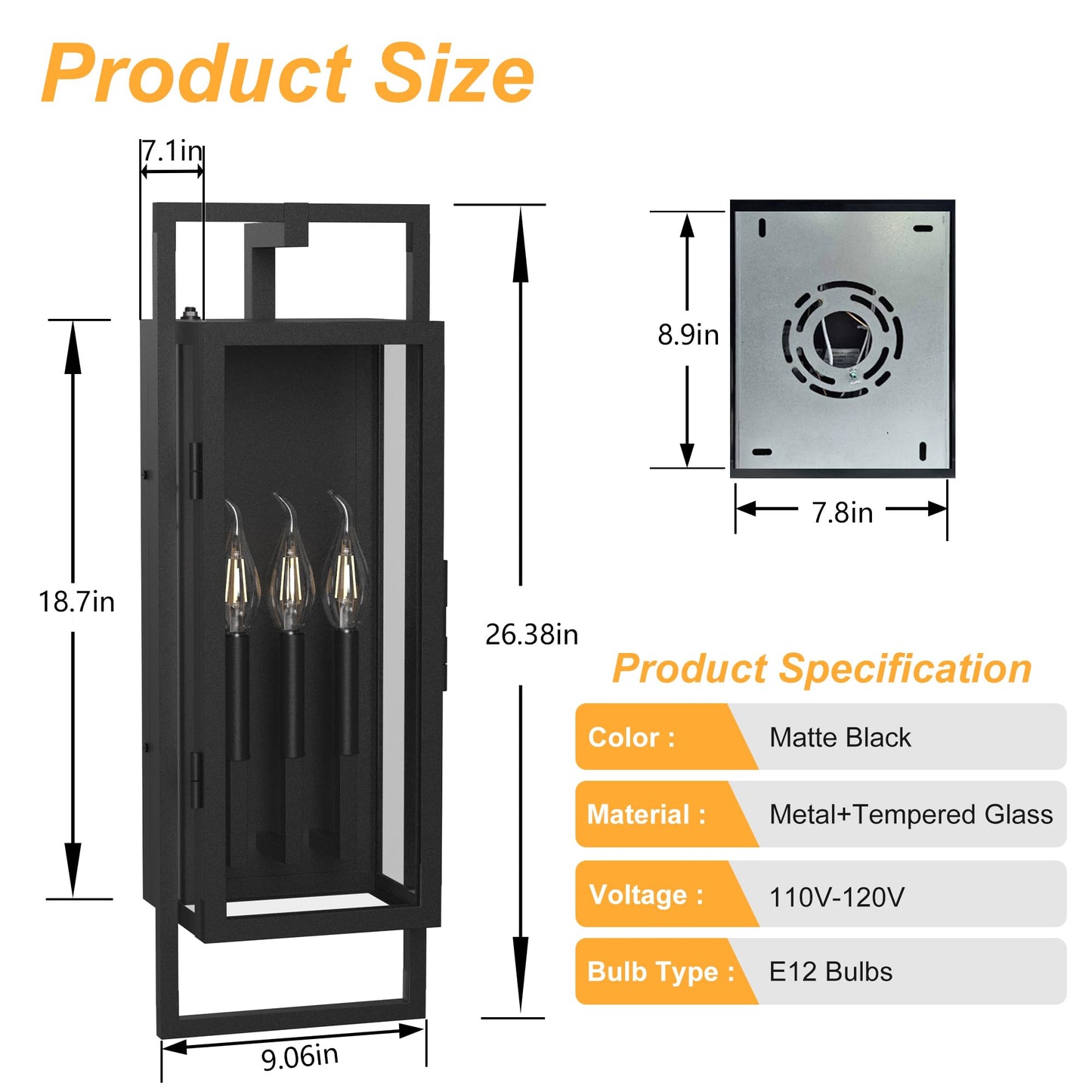 Lawyettle 26.38IN Porch Light Outdoor, Dusk to Dawn Wall Lantern with Tempered Glass, Waterproof Outside Light Front Porch Light 3-Light, Matte Black Front Open Window Wall Sconce for Patio