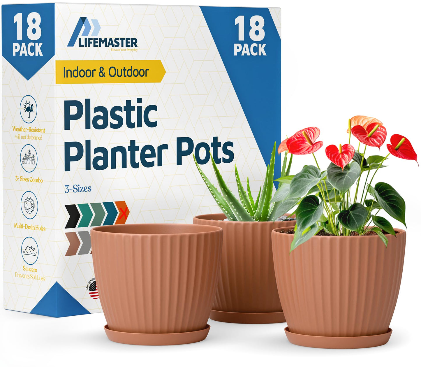 Terracotta 6-Inch Plant Pots with Drainage & Saucers 18 Pack, Indoor & Outdoor Planters for Houseplants, Herbs, and Flowers, Durable & Weatherproof Material, Stackable, Lightweight, Minimalist Design