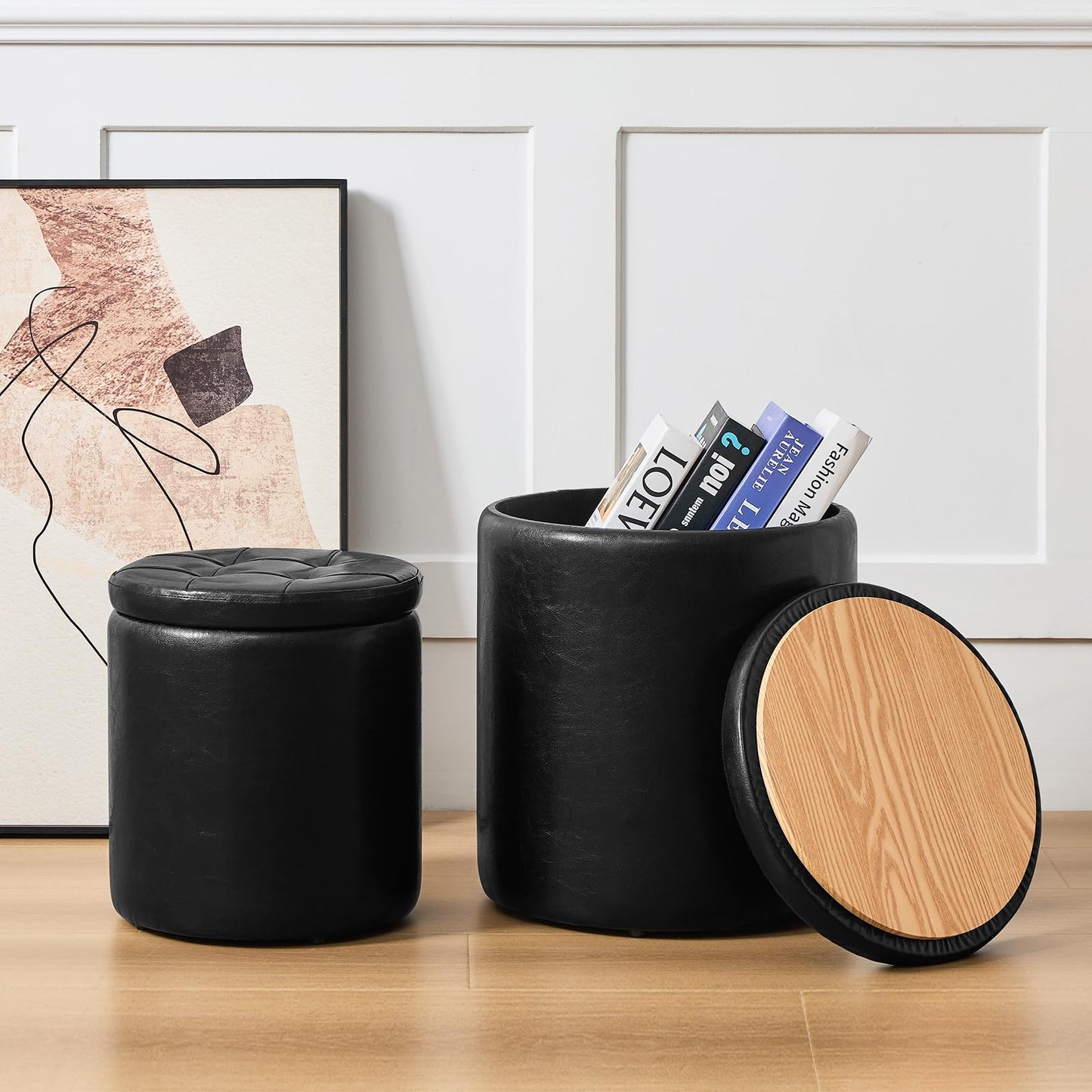 oakvivo Round Ottoman with Storage Set of 2, 12.6" W x 14.17" H & 14.76" W x 17.32" H Faux Footstool Storage Ottomans for Bedroom, Living Room Padded Coffee Table Ottomen, Black
