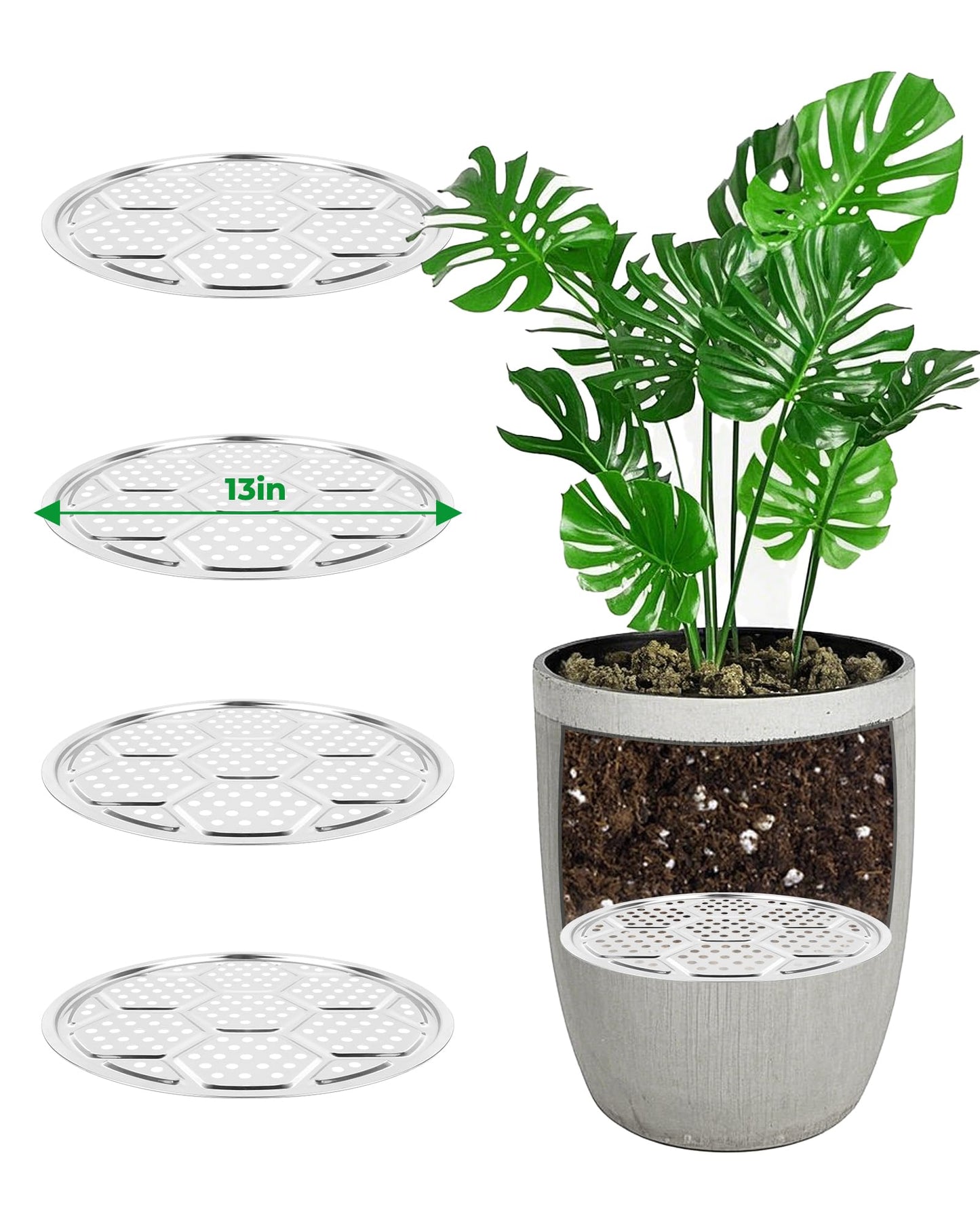 KOROI 4 Packs Planter Insert for Large Pots,Plant Pot Insert 13" Stainless Steel Durable Flower Pot Filler & Plant Riser with Drainage Holes to Elevate Plants to Reduce Soil Usage(13 inches*4 Packs)