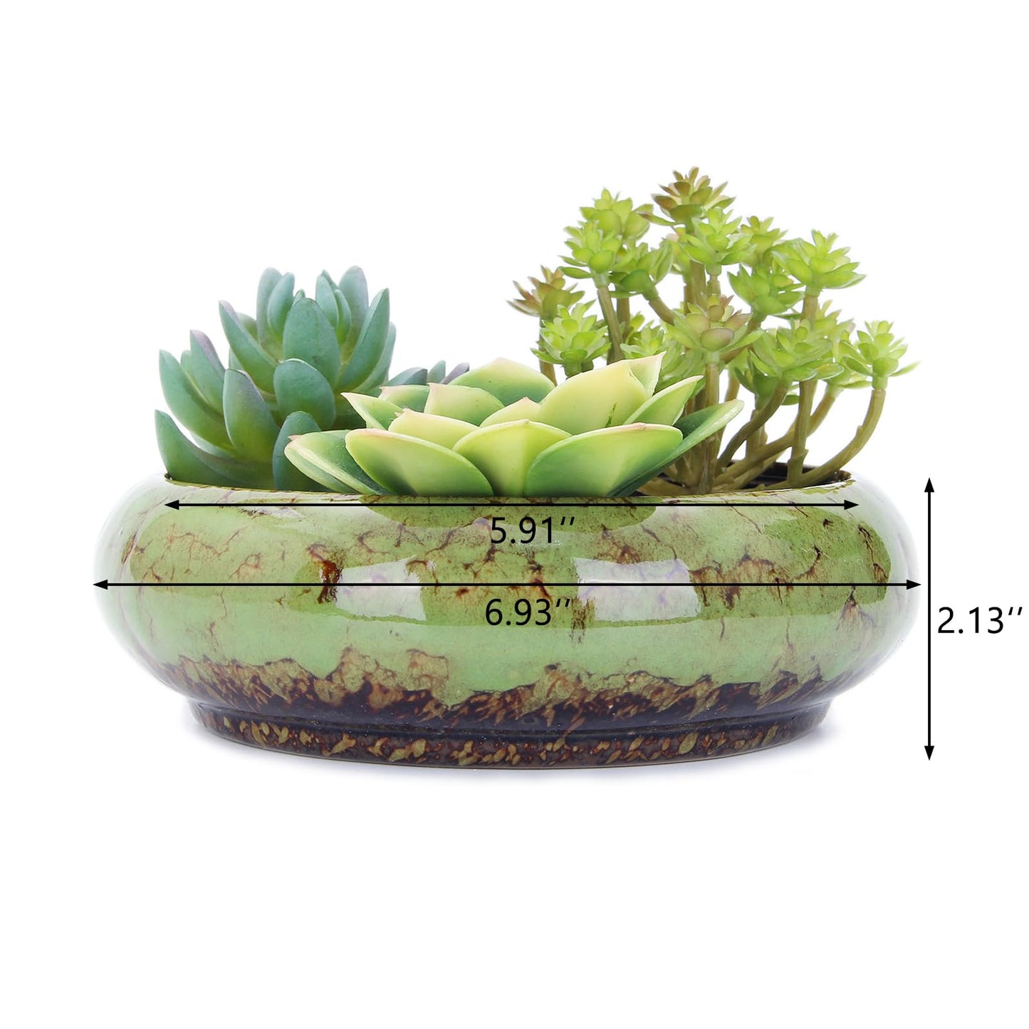 VanEnjoy 7.3 inch Round Large Shallow Succulent Ceramic Glazed Planter Pots with Drainage Hole, Bonsai Pots Garden Decorative Cactus Stand Flower Container (Green)